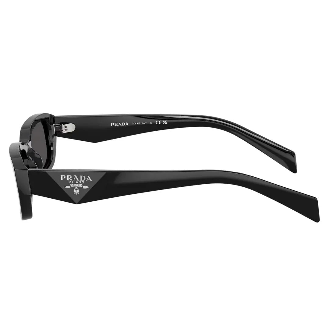 Side view of Prada PR B06S showing wide faceted black temples with silver Prada Milano logo - Gadgets Online NZ