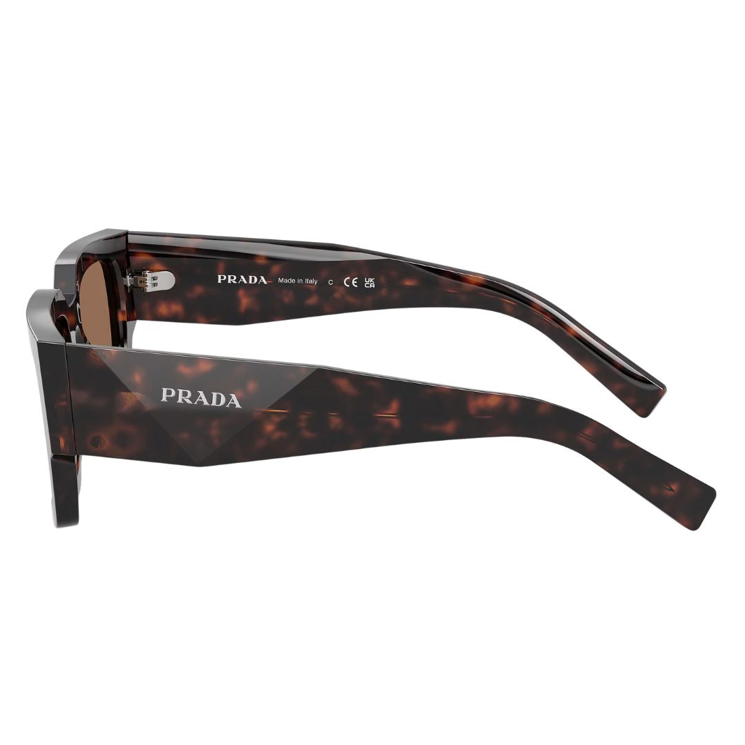 Side view of Prada PR B17S sunglasses showing wide faceted Havana temples with silver Prada logo - Gadgets Online NZ