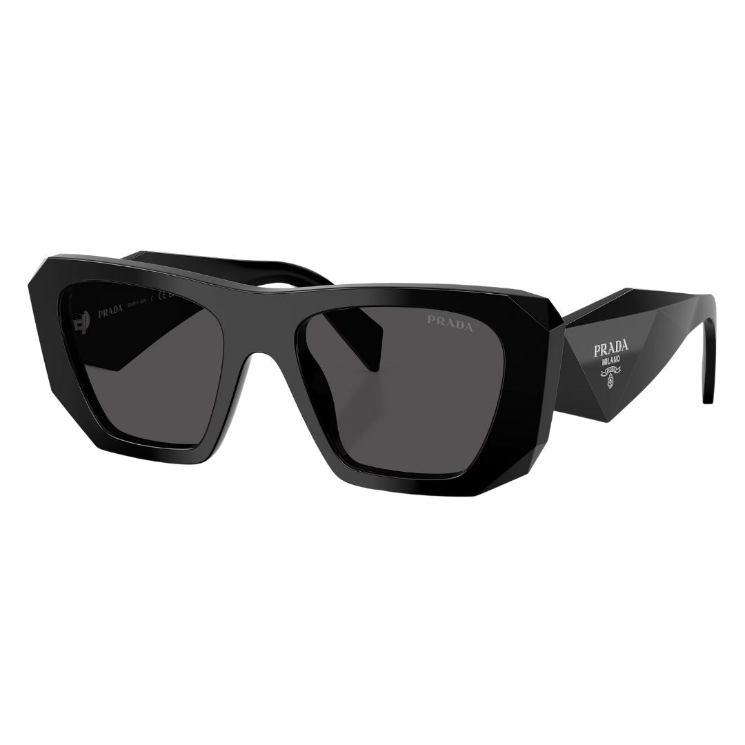 Prada PR B18S 16K08Z sunglasses in black with dark grey lenses and faceted geometric temples - Gadgets Online NZ
