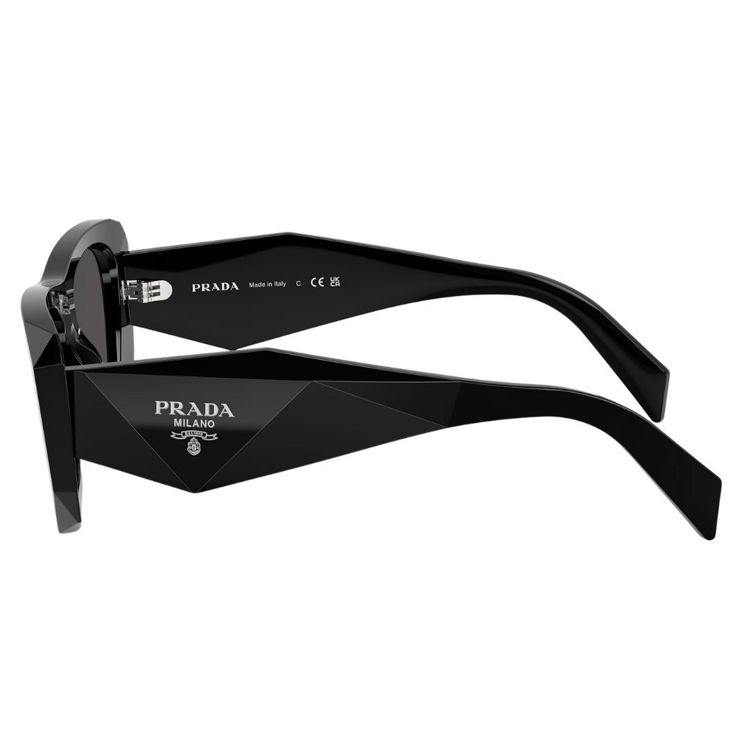 Side view of Prada PR B18S sunglasses showing wide faceted temples with silver triangular logo - Gadgets Online NZ