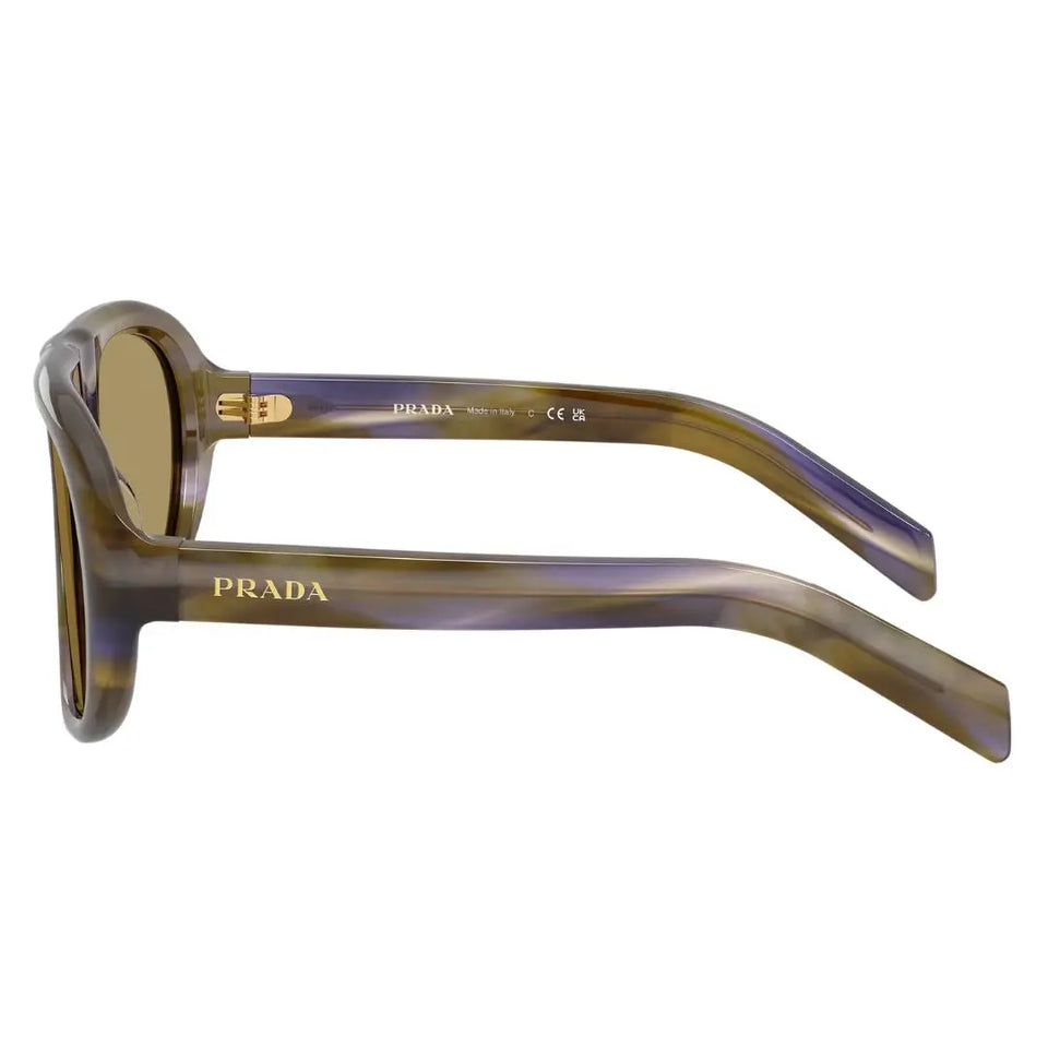 Side view of Prada PR C05S sunglasses showing wide faceted white temples with Prada Milano logo - Gadgets Online NZ
