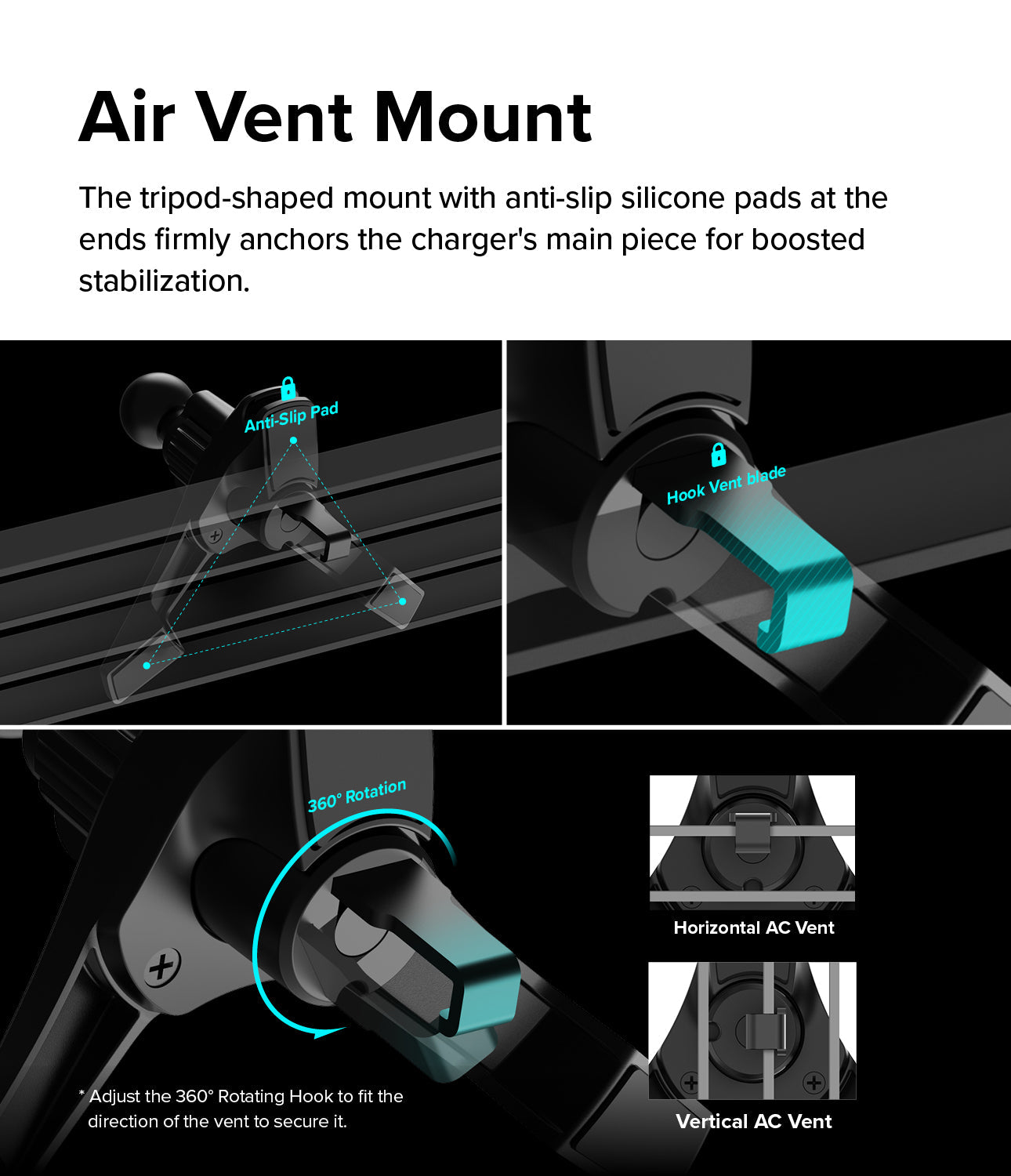 Air Vent Mount with anti-slip silicone pads and 360° rotation feature on a black background.