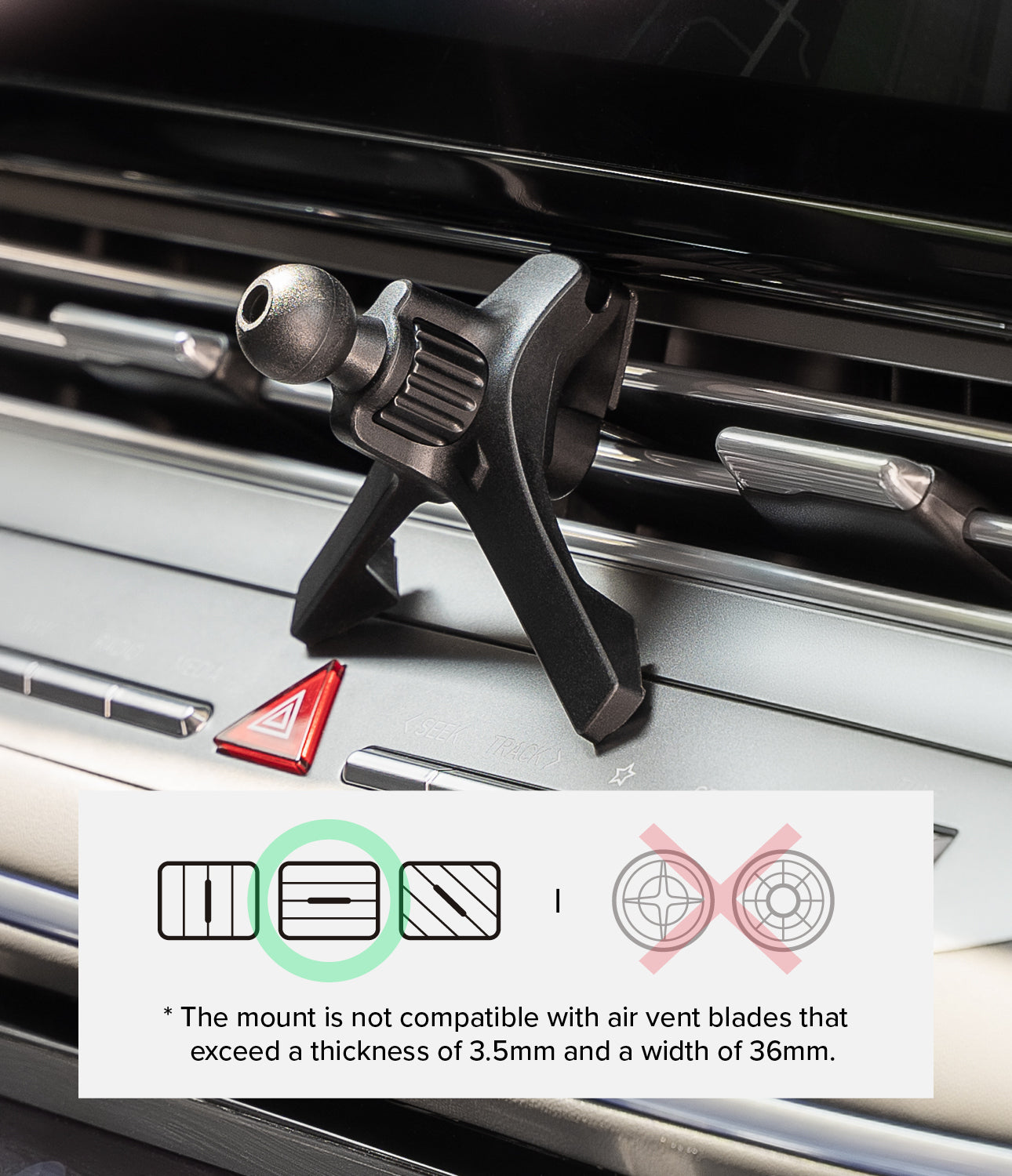 Car air vent phone mount with compatibility information displayed on a car interior background