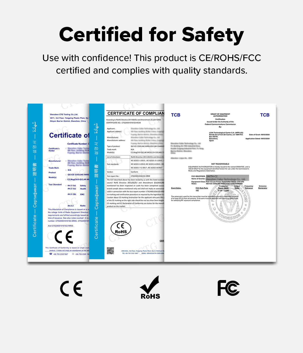 Certification documents and logos for CE, RoHS, and FCC compliance on a white background.