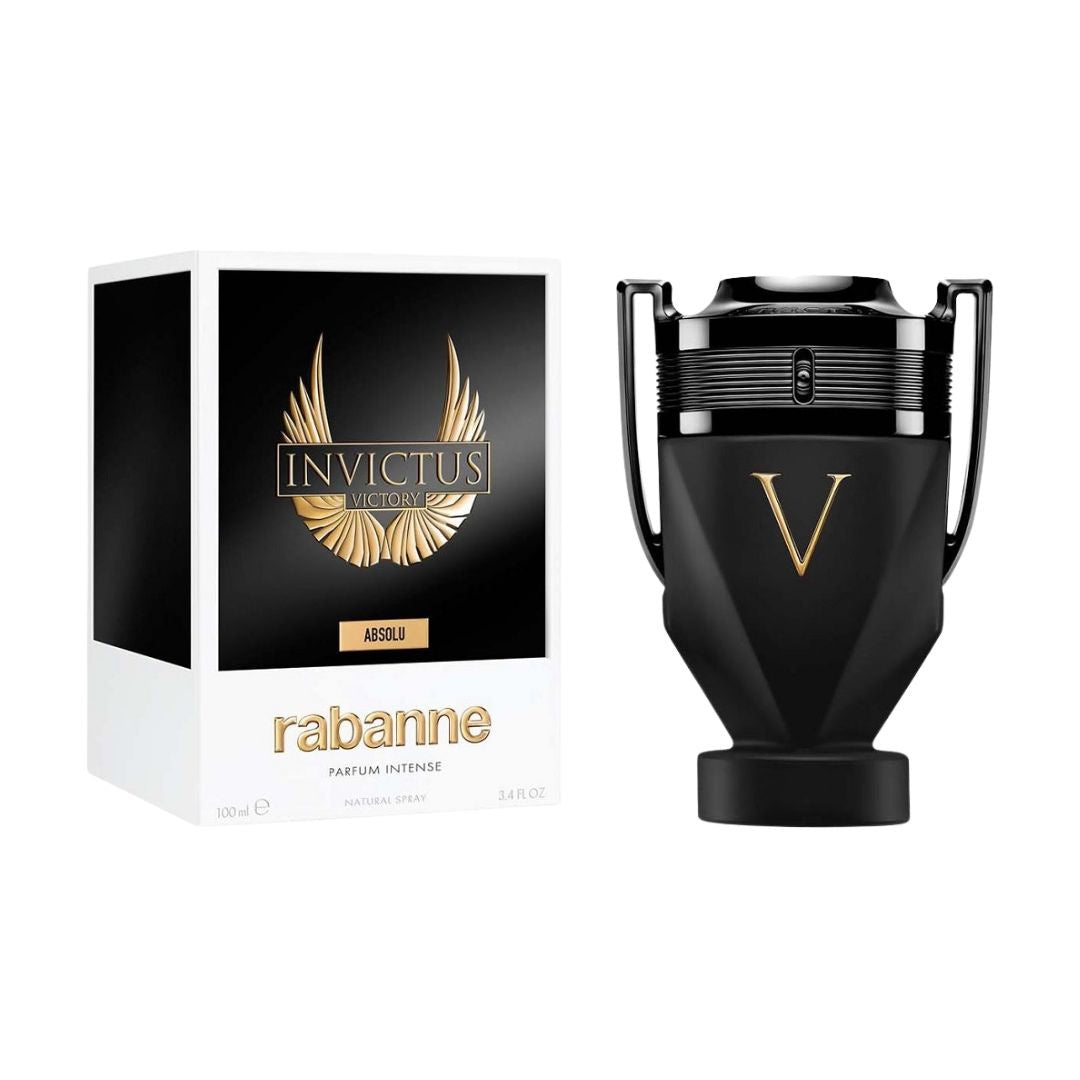 Rabanne Invictus Victory Absolu Parfum Intense 100ml, a striking trophy-shaped bottle in a dark, metallic finish, suggesting a bold, woody, and spicy masculine fragrance.