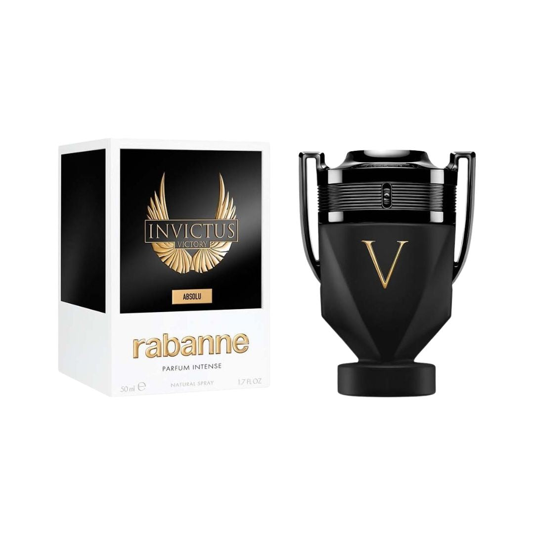Rabanne Invictus Victory Absolu Parfum Intense 50ml, a striking trophy-shaped bottle in a dark, metallic finish, suggesting a bold, woody, and spicy masculine fragrance.