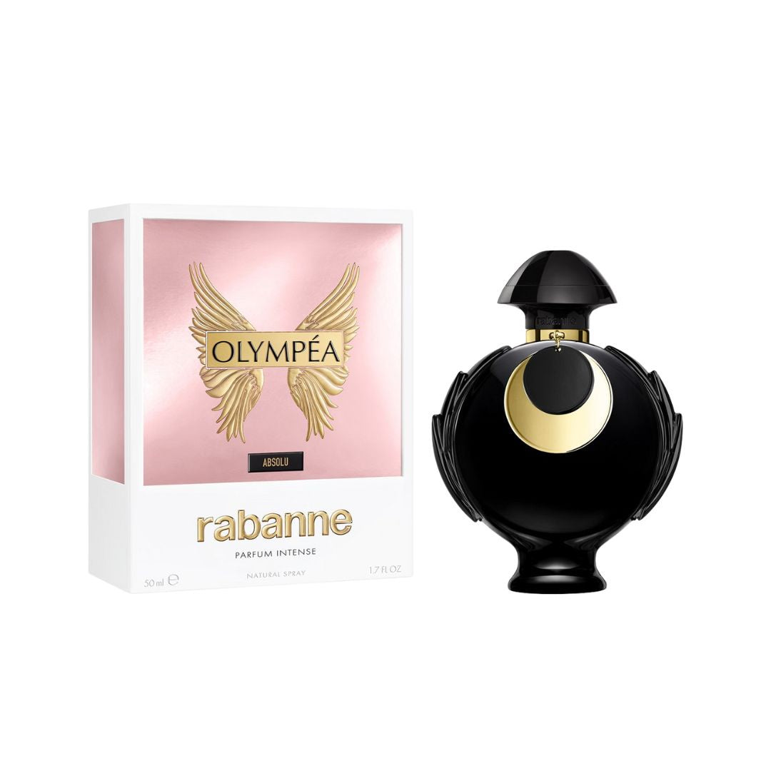 Rabanne Olympea Absolu Parfum Intense 50ml, a striking round bottle with a golden cap and laurel leaves, suggesting a bold, luminous, and sensual feminine fragrance.