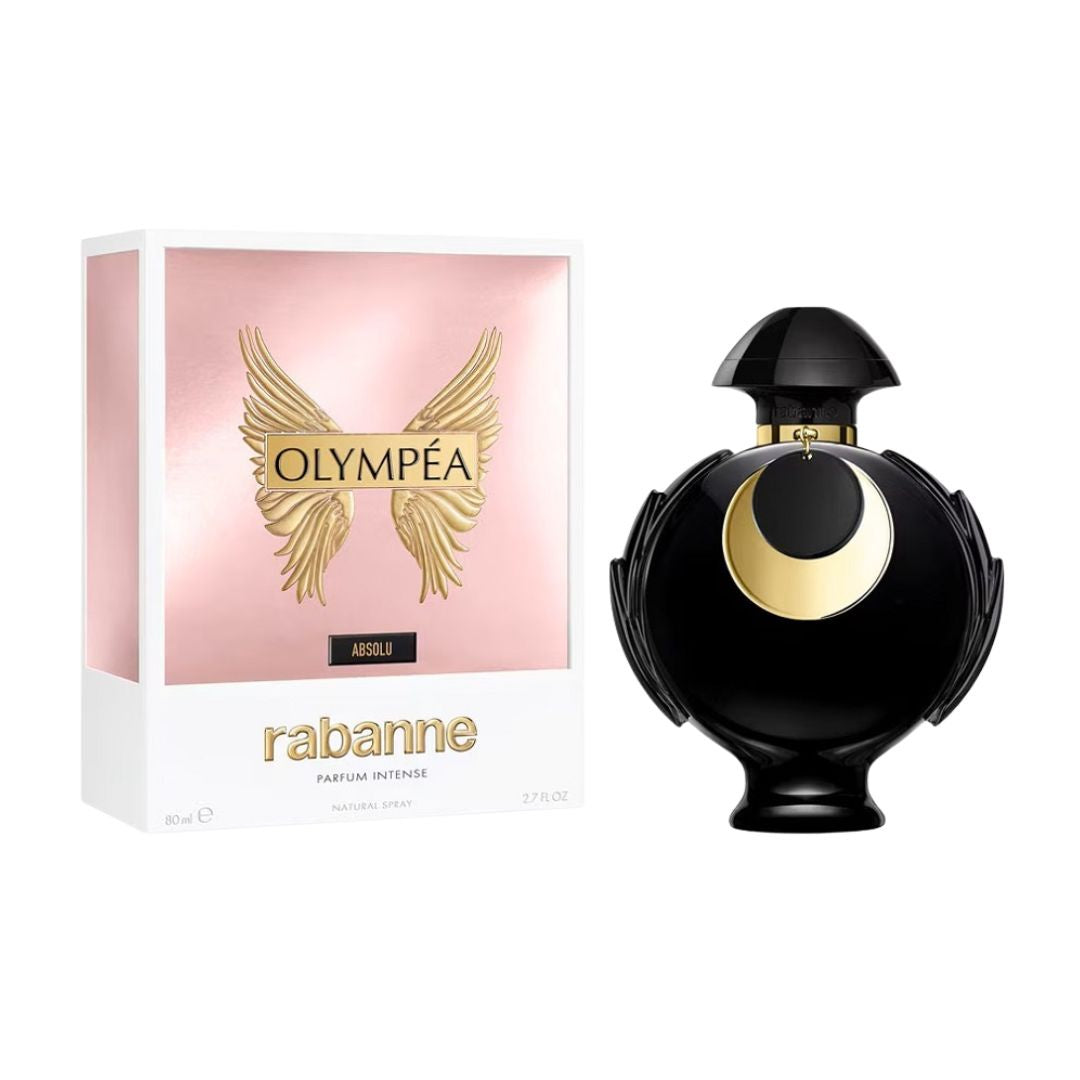 Rabanne Olympea Absolu Parfum Intense 80ml, a striking round bottle with a golden cap and laurel leaves, suggesting a bold, luminous, and sensual feminine fragrance.