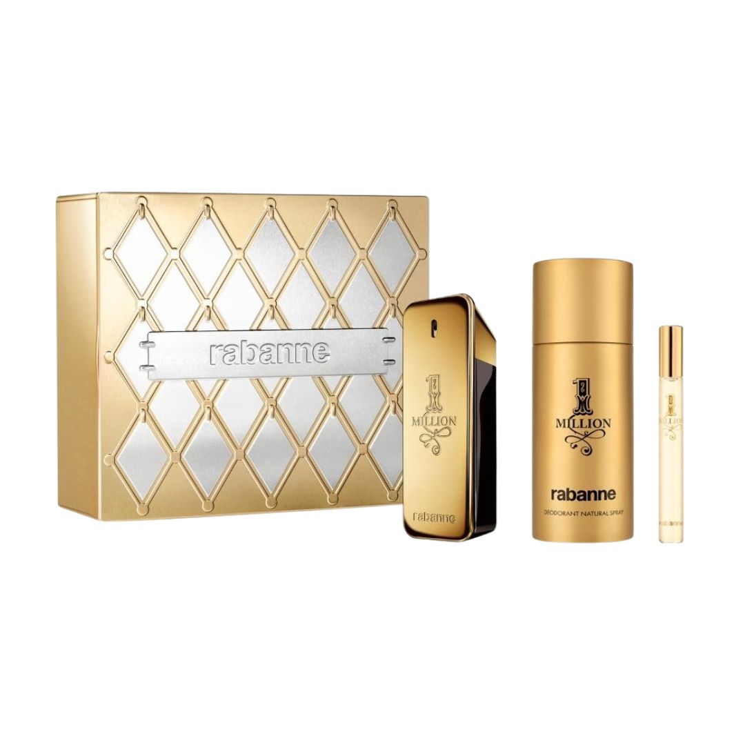 Rabanne 1 Million 100ml EDT 3 Piece Gift Set, featuring the iconic gold bar bottle, a deodorant spray, and a travel spray in a sleek black and gold box.