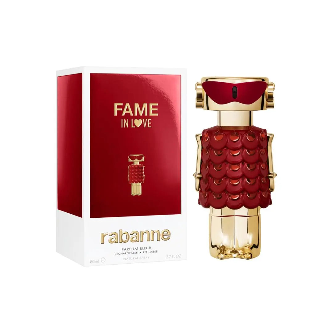 Rabanne Fame In Love Parfum Elixir 80ml perfume bottle and packaging on a white background - Gadgets Online NZ ltd