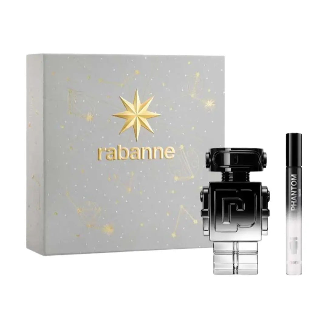 Rabanne Phantom Elixir Parfum Intense perfume set with packaging on a white background