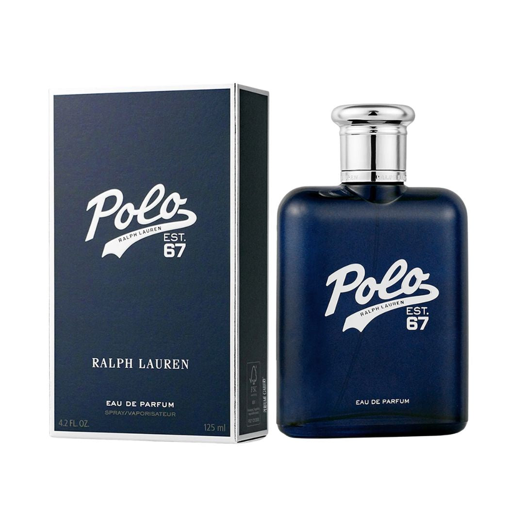 Ralph Lauren Polo 67 125ml EDP, a sleek, dark blue bottle with a silver cap, suggesting a fresh, aquatic, and aromatic masculine fragrance.