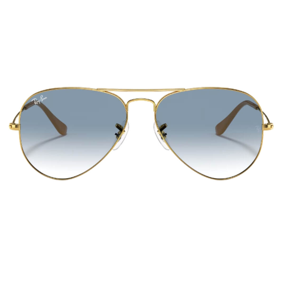Ray-Ban Aviator Large Metal RB3025 001/3F Arista Gold Frame, Light Blue Lens Close Up Front View