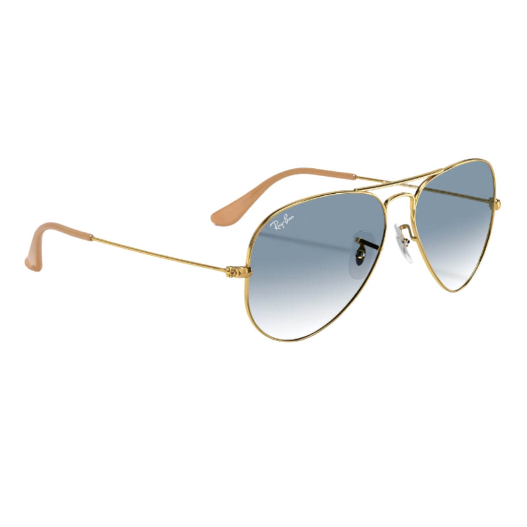Ray-Ban Aviator Large Metal RB3025 001/3F Arista Gold Frame, Light Blue Lens Front Right View