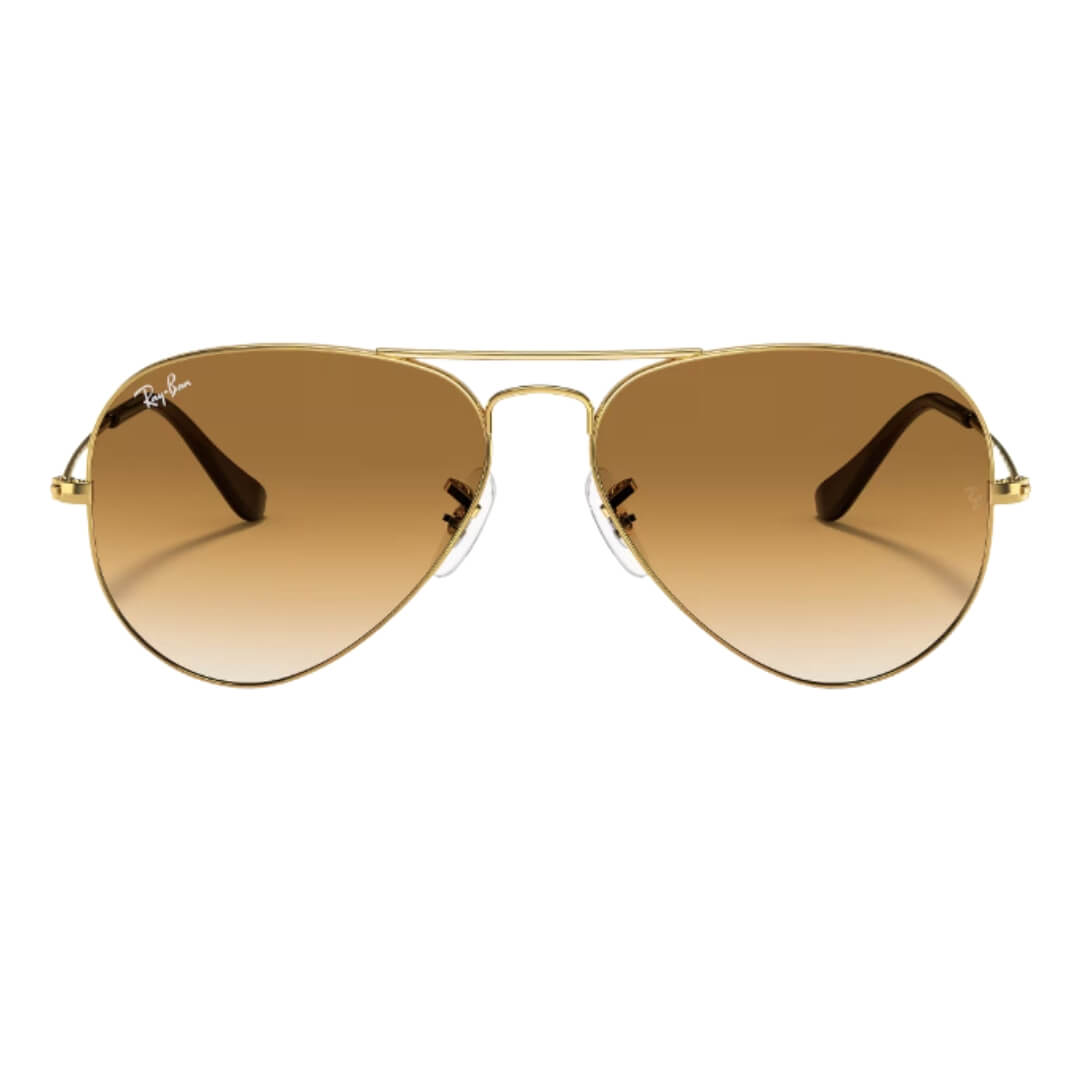 Ray-Ban Aviator Large Metal RB3025 001/51 Arista Gold Frame, Light Brown Lens Close Up Front View