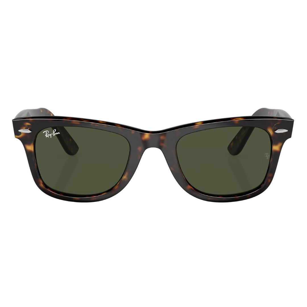 Front view of Ray-Ban Wayfarer RB2140 135931 featuring sustainable Havana acetate and silver rivets - Gadgets Online NZ