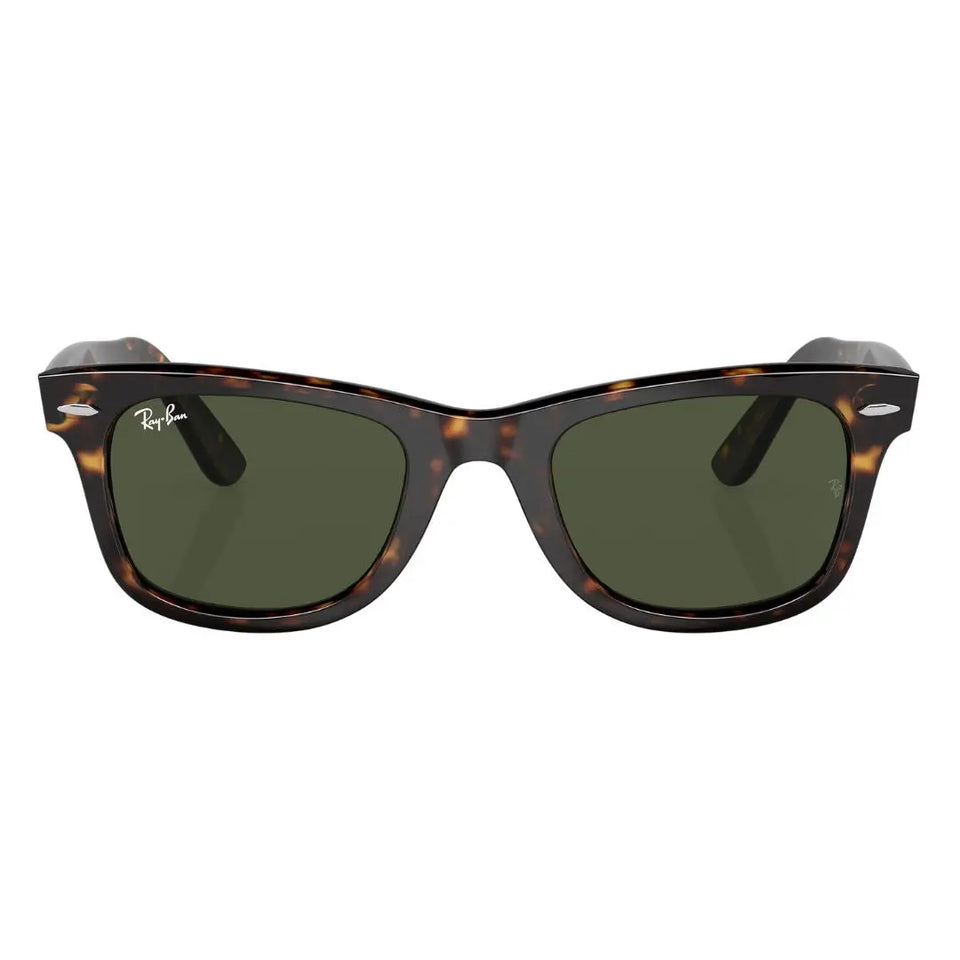 Front view of Ray-Ban Wayfarer RB2140 135931 featuring sustainable Havana acetate and silver rivets - Gadgets Online NZ