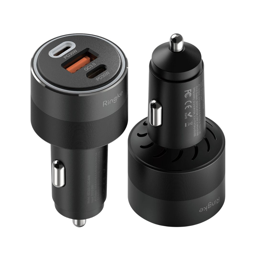 Ringke 84W 3-Port USB-C Car Fast Charger inserted into a vehicle power outlet, highlighting the aluminum alloy finish.