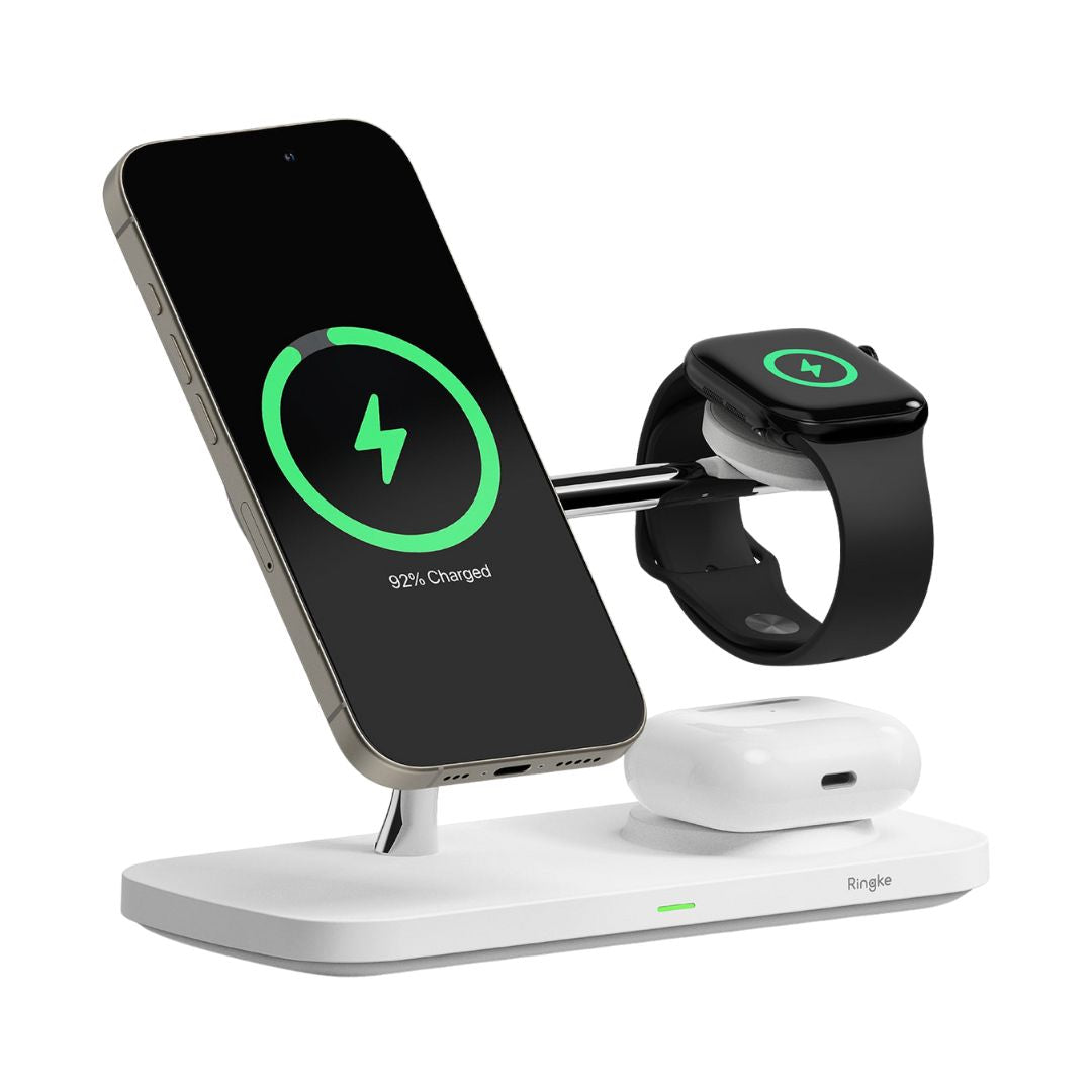 Ringke Qi2 3-in-1 Magnetic Wireless Charging Stand, showing a phone, Apple Watch, and AirPods charging simultaneously.