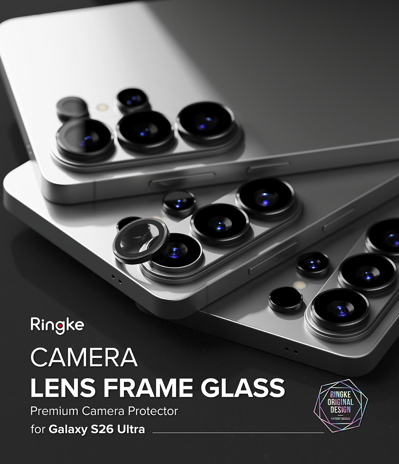 Ringke camera lens frame glass protector for Samsung Galaxy S26 Ultra on a dark background