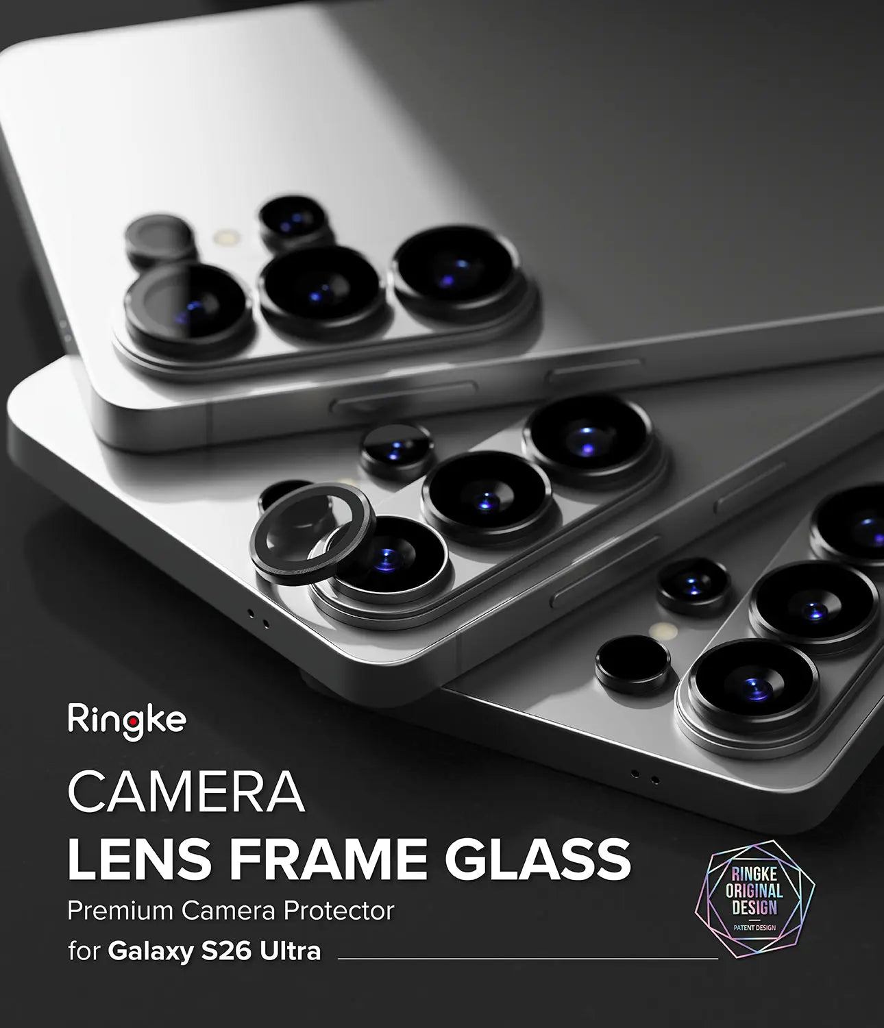 Ringke camera lens frame glass protector for Samsung Galaxy S26 Ultra on a dark background