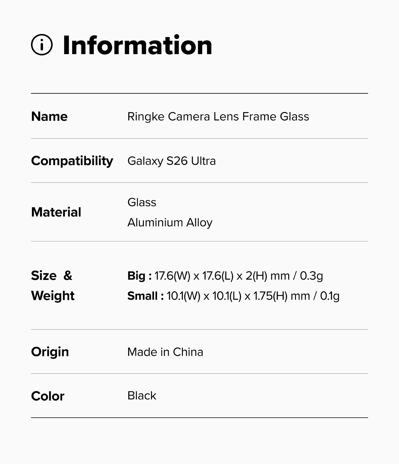 Product information card for Ringke Camera Lens Frame Glass with specifications.