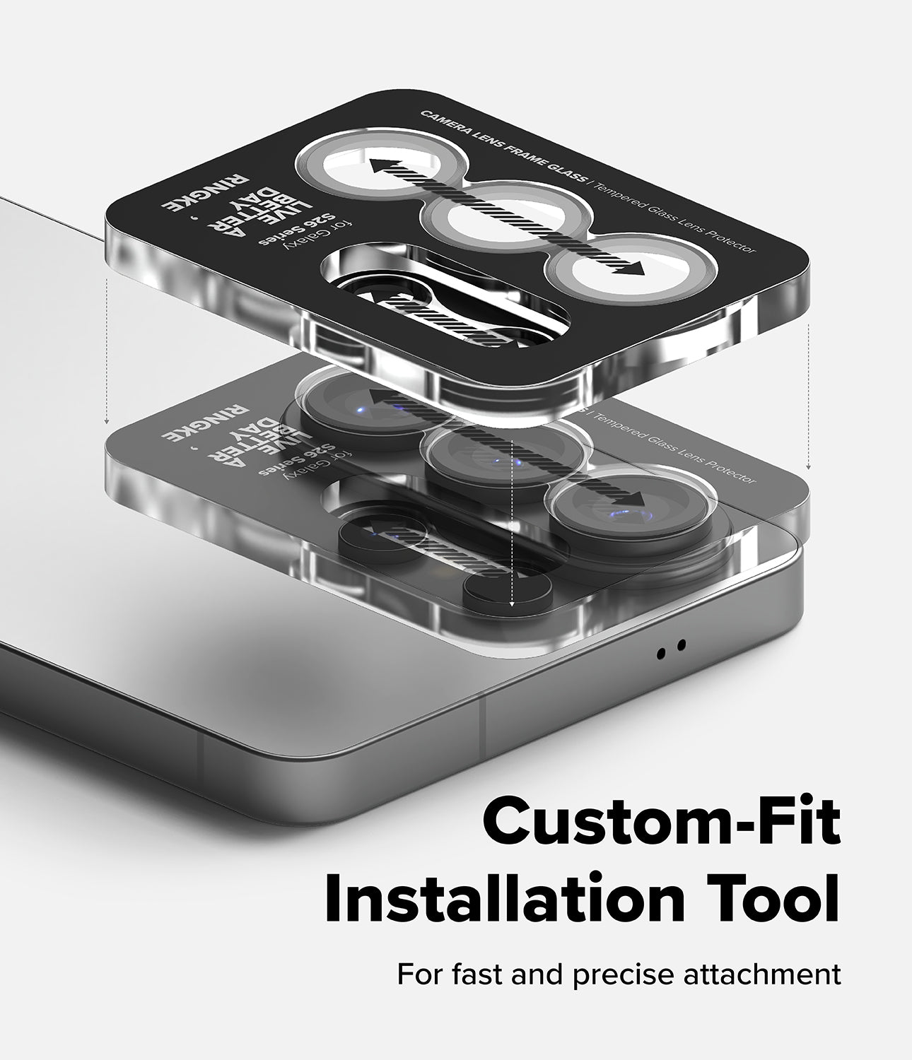 Custom-fit installation tool with clear and black components on a white background