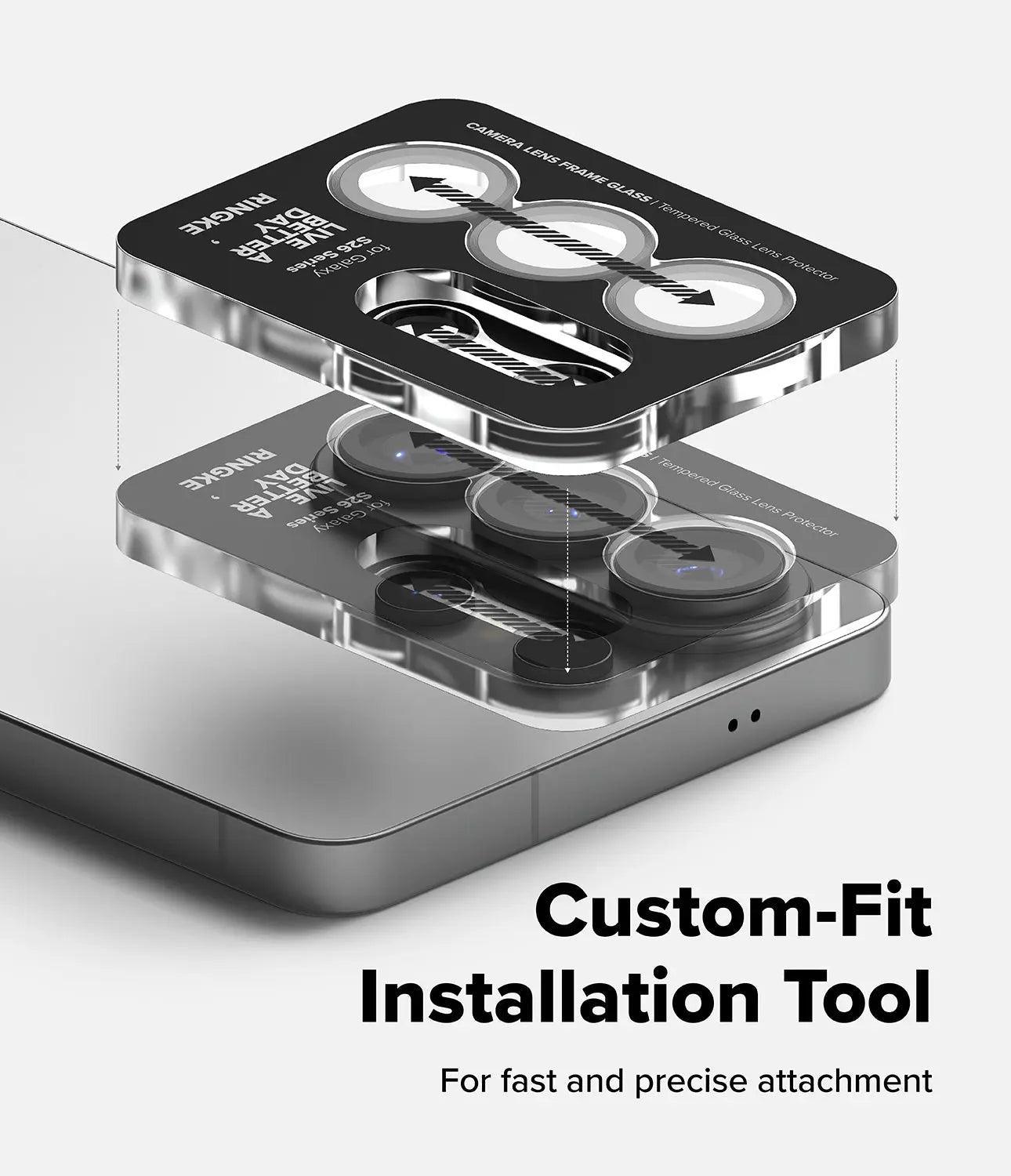 Custom-fit installation tool with clear and black components on a white background