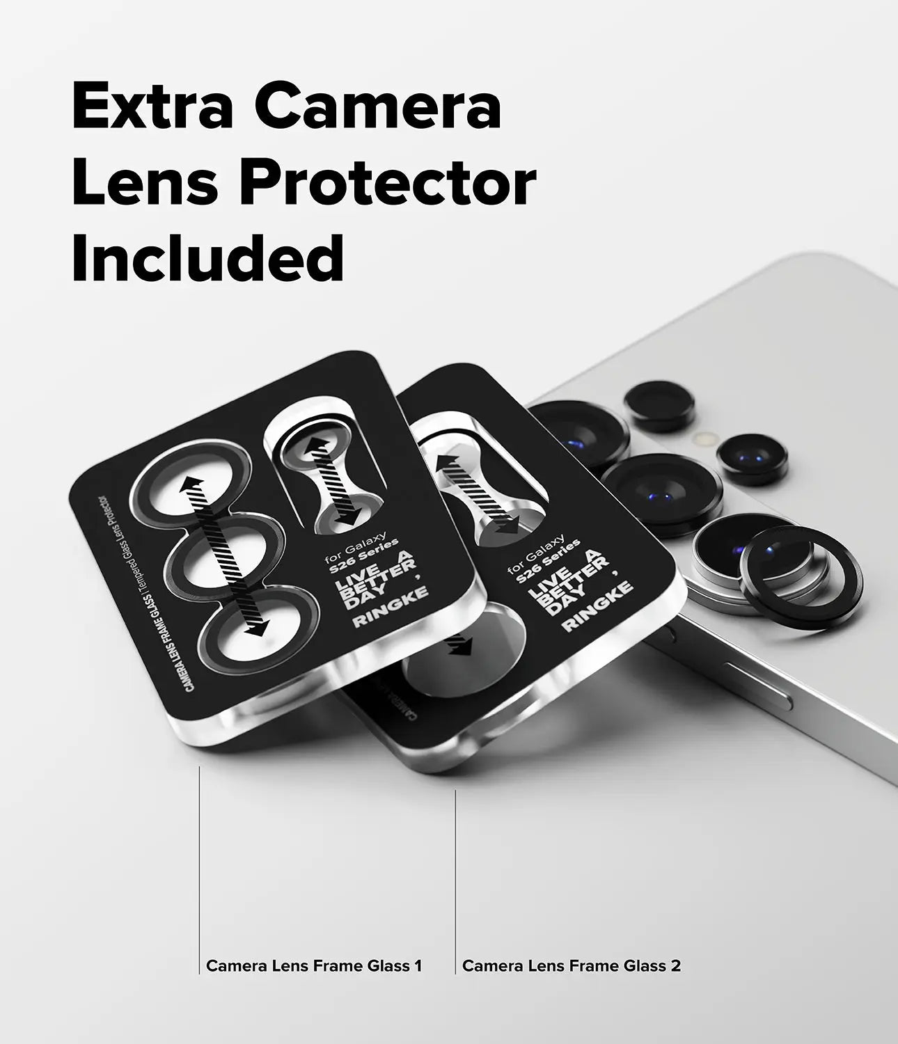 Camera lens protector packaging with two frames on a white background
