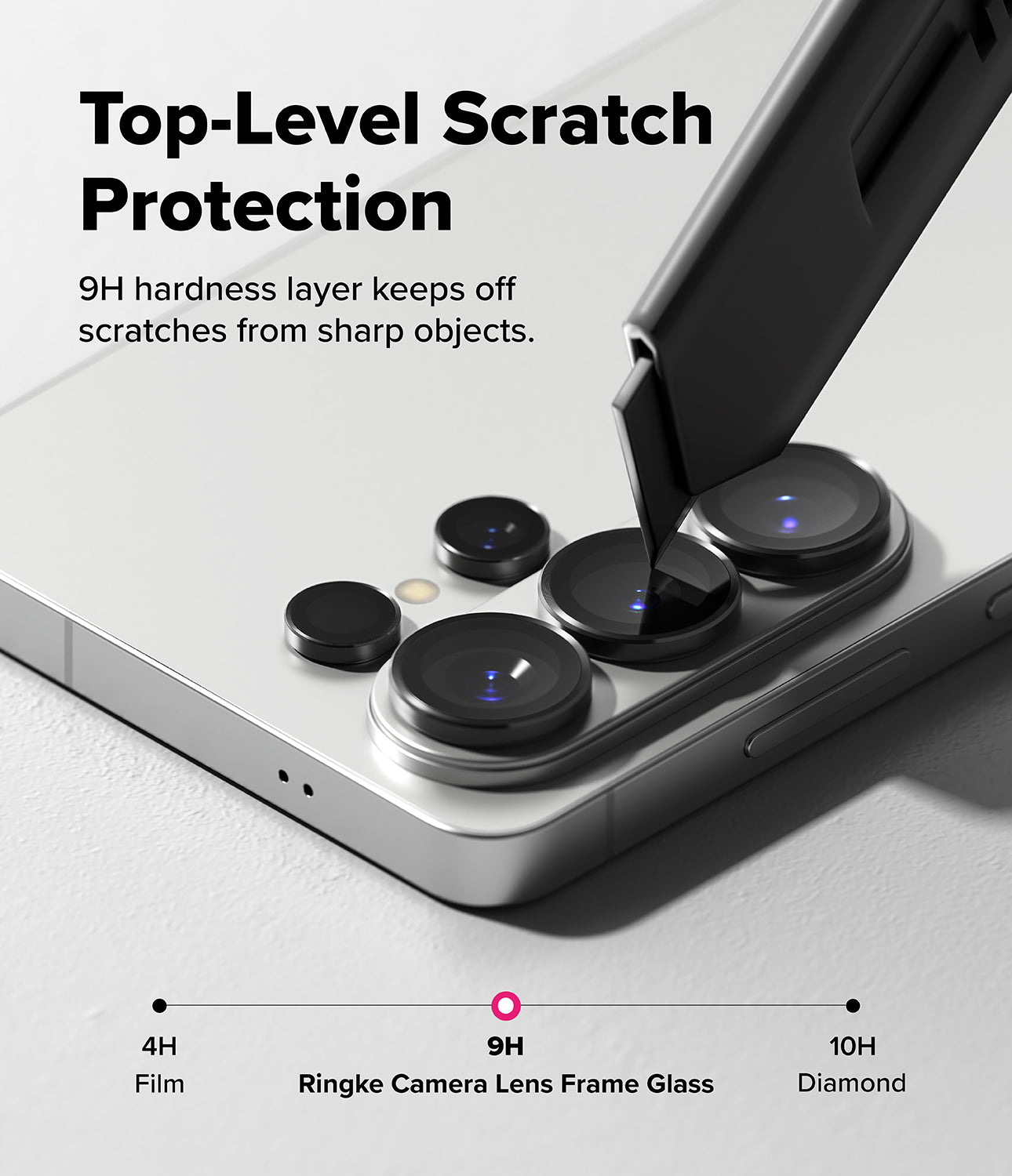 Smartphone with camera lens protection glass and text about scratch protection