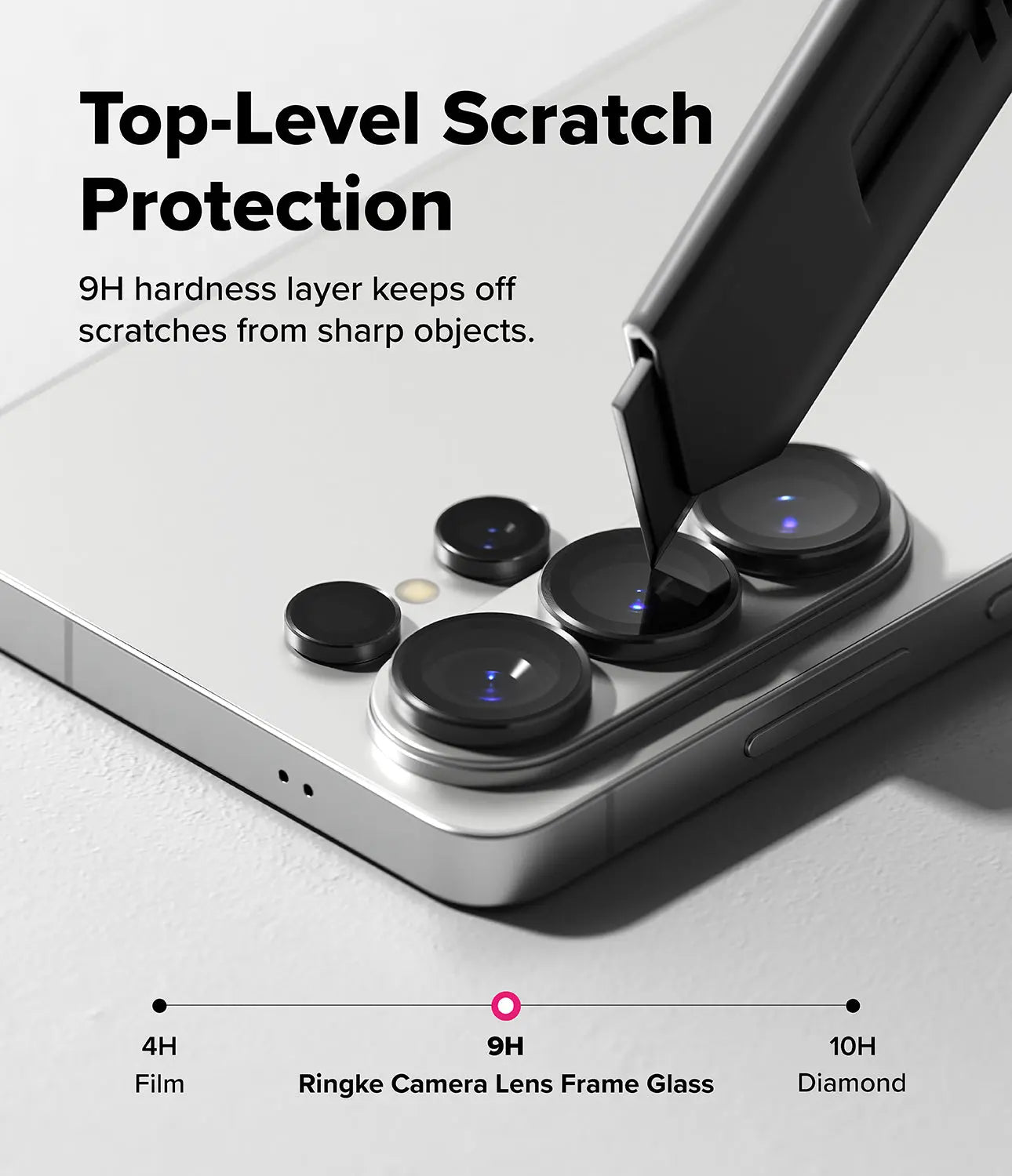Smartphone with camera lens protection glass and text about scratch protection