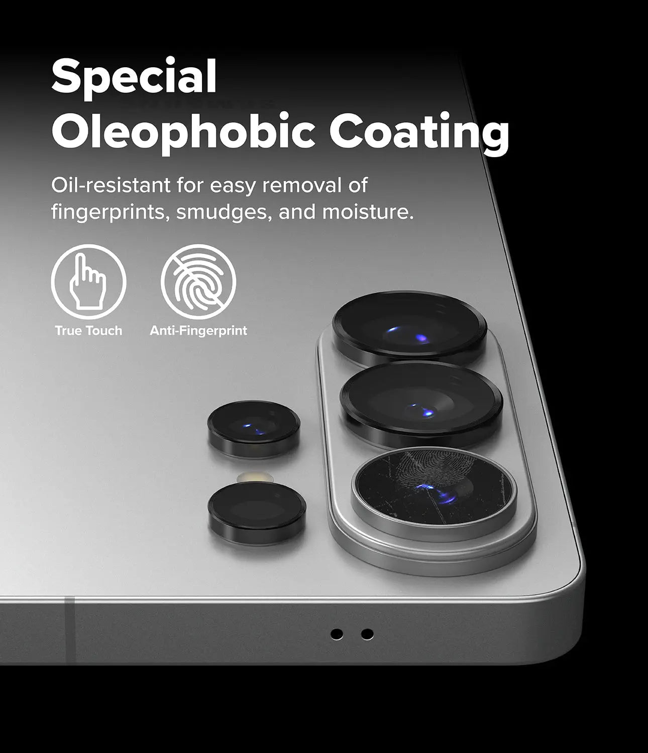 Smartphone with camera lens protector and text about oleophobic coating on a black background