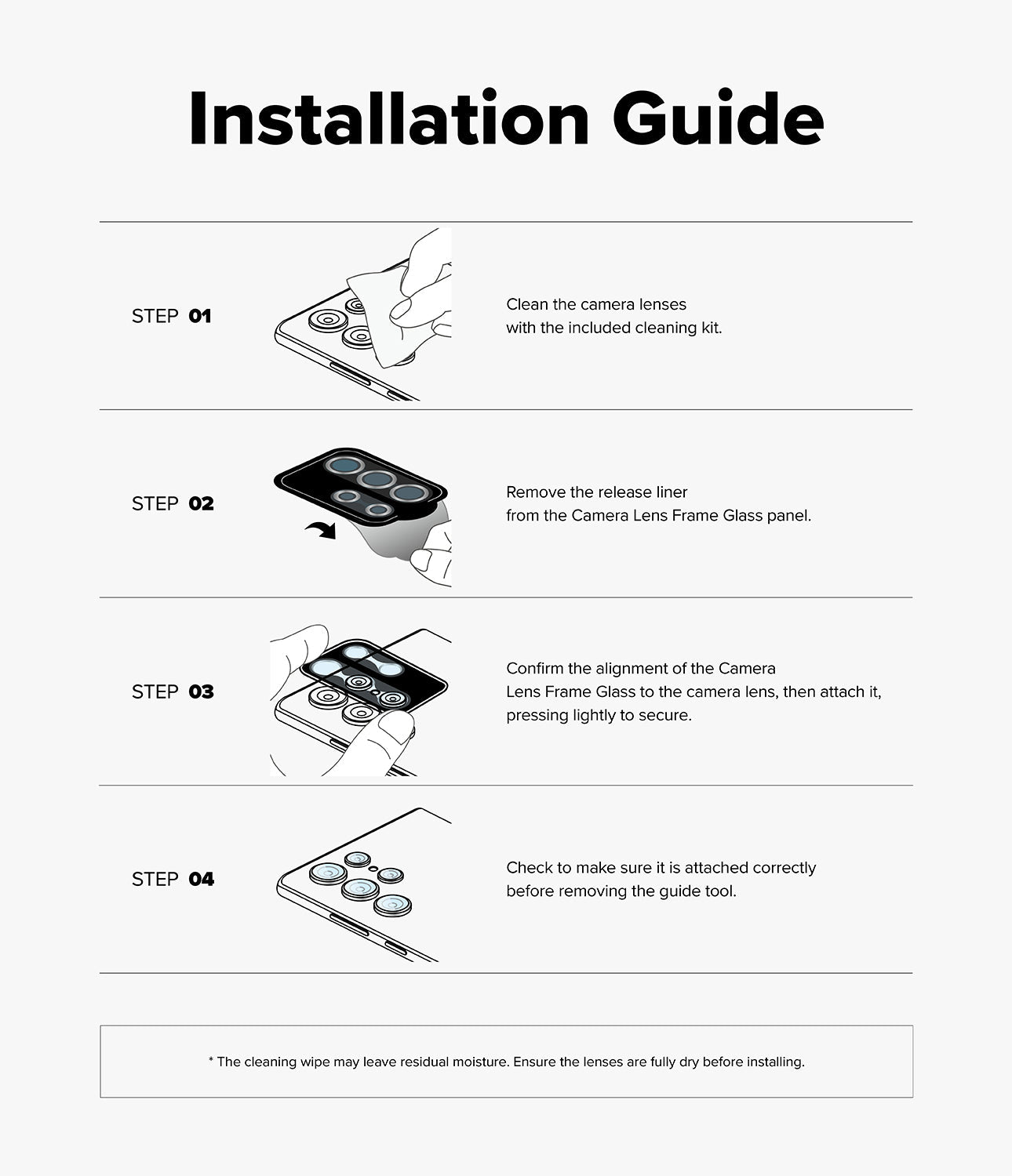 Installation guide for cleaning and attaching camera lenses on a smartphone.