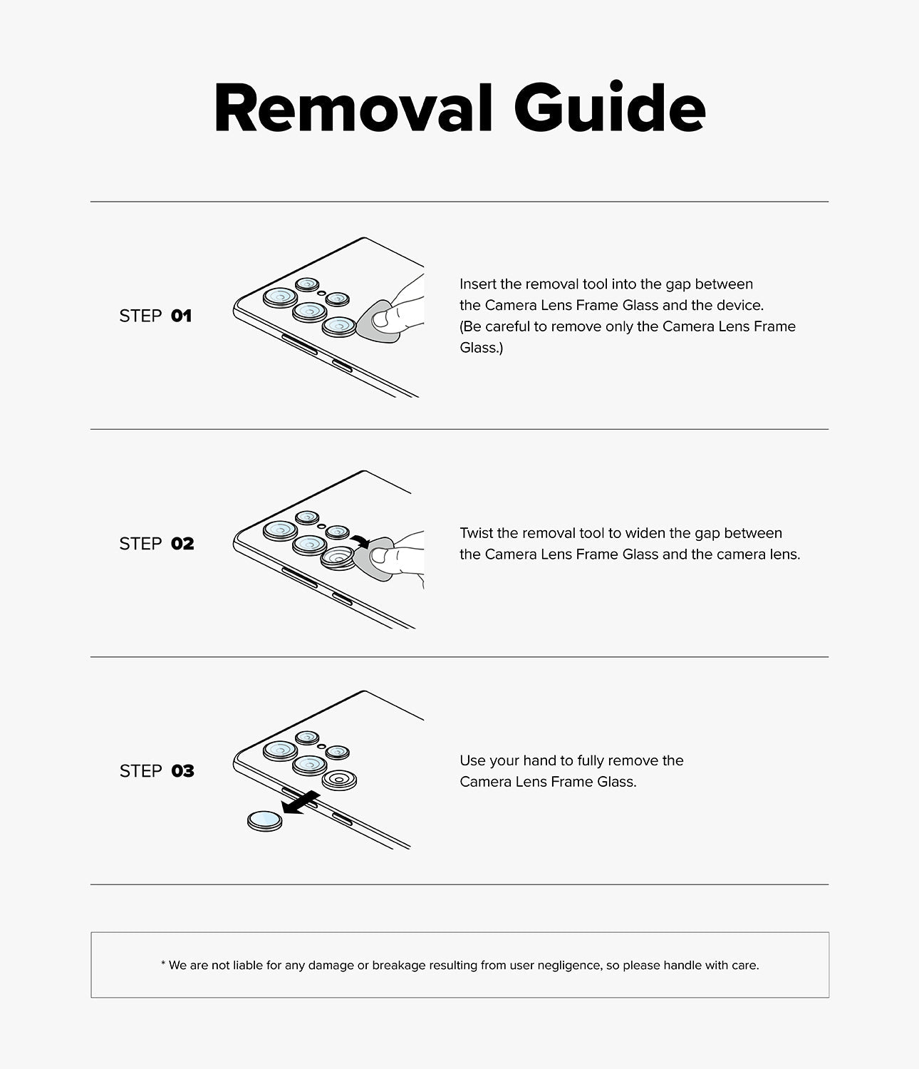 Step-by-step removal guide for a camera lens frame glass on a white background