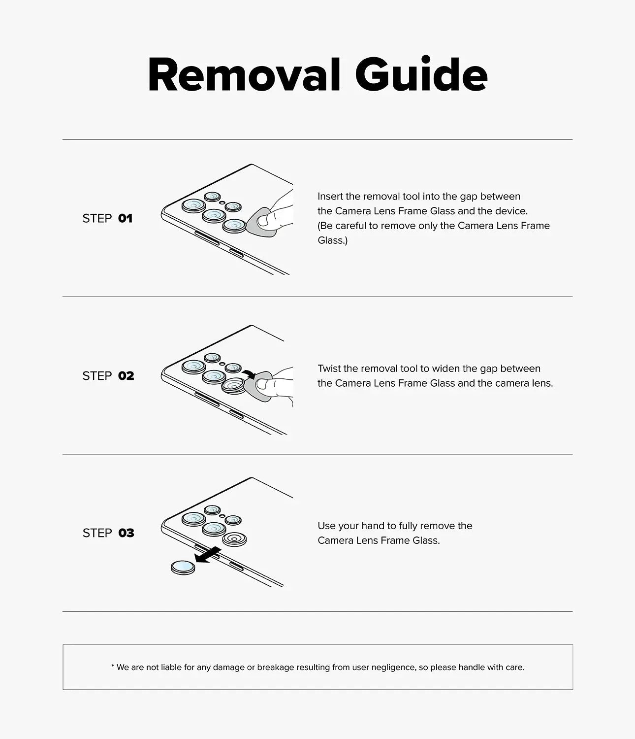 Step-by-step removal guide for a camera lens frame glass on a white background