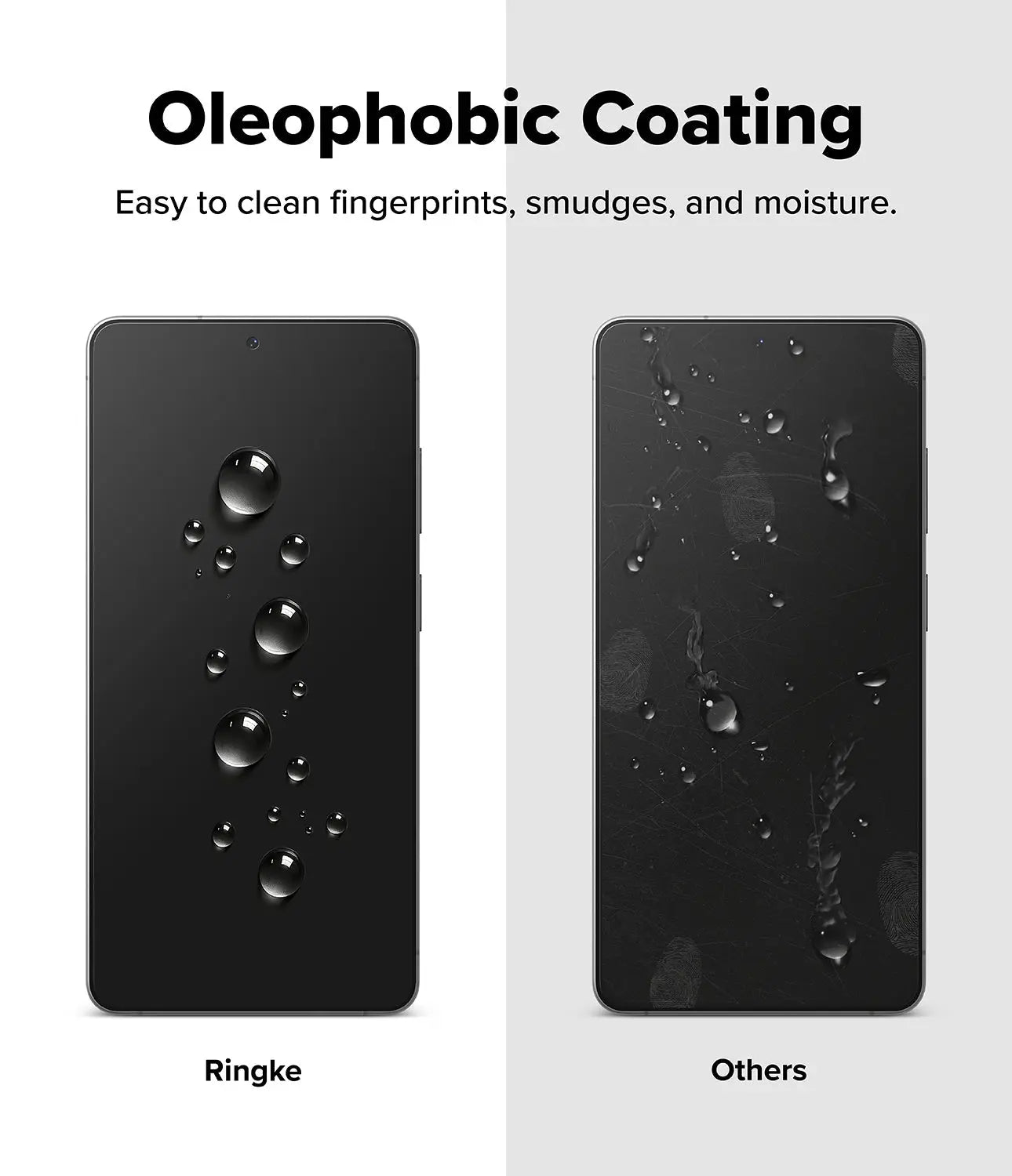 Phone case with oleophobic coating showing water droplets on Ringke case but not on 'Others' case.