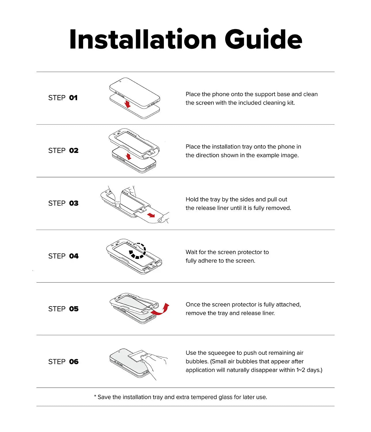 Installation guide for a screen protector with step-by-step instructions.