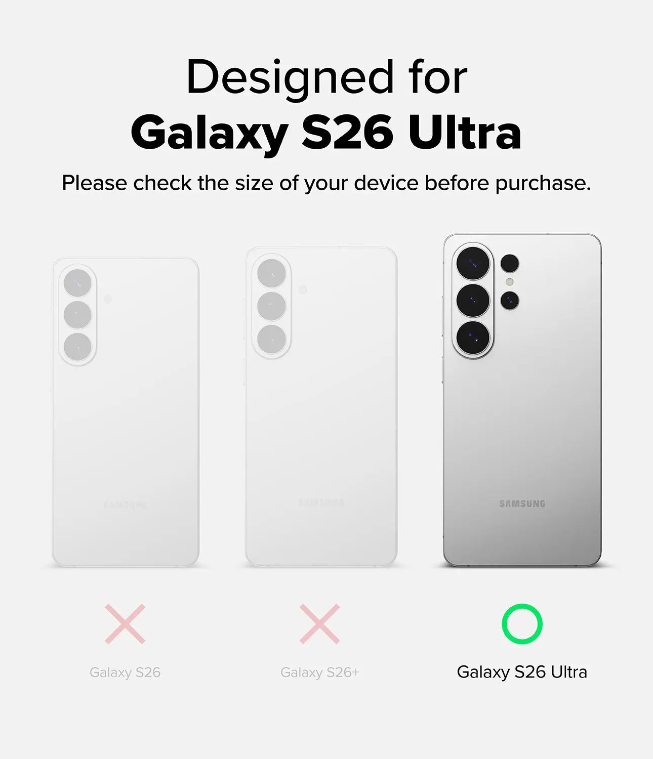 Samsung Galaxy S26 Ultra size guide with three phone models on a white background.