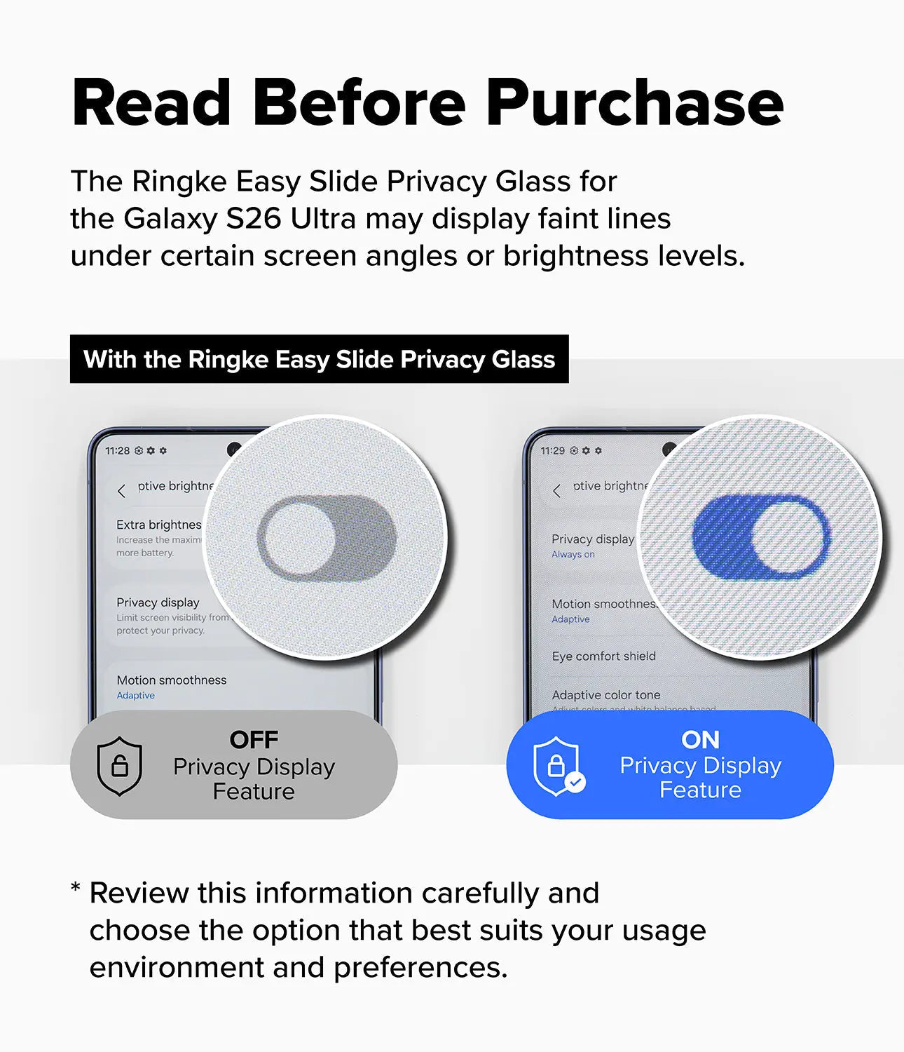 Ringke Easy Slide Privacy Glass advertisement for Samsung Galaxy S26 Ultra with privacy display feature on/off comparison.