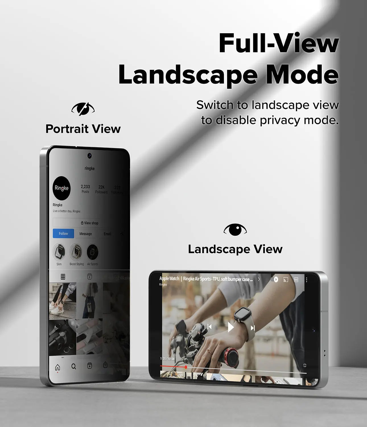 Smartphone showing portrait and landscape modes with text on privacy mode.
