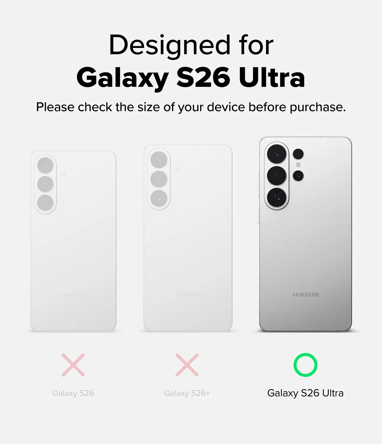 Samsung Galaxy S26 Ultra size guide with three phone models on a white background.