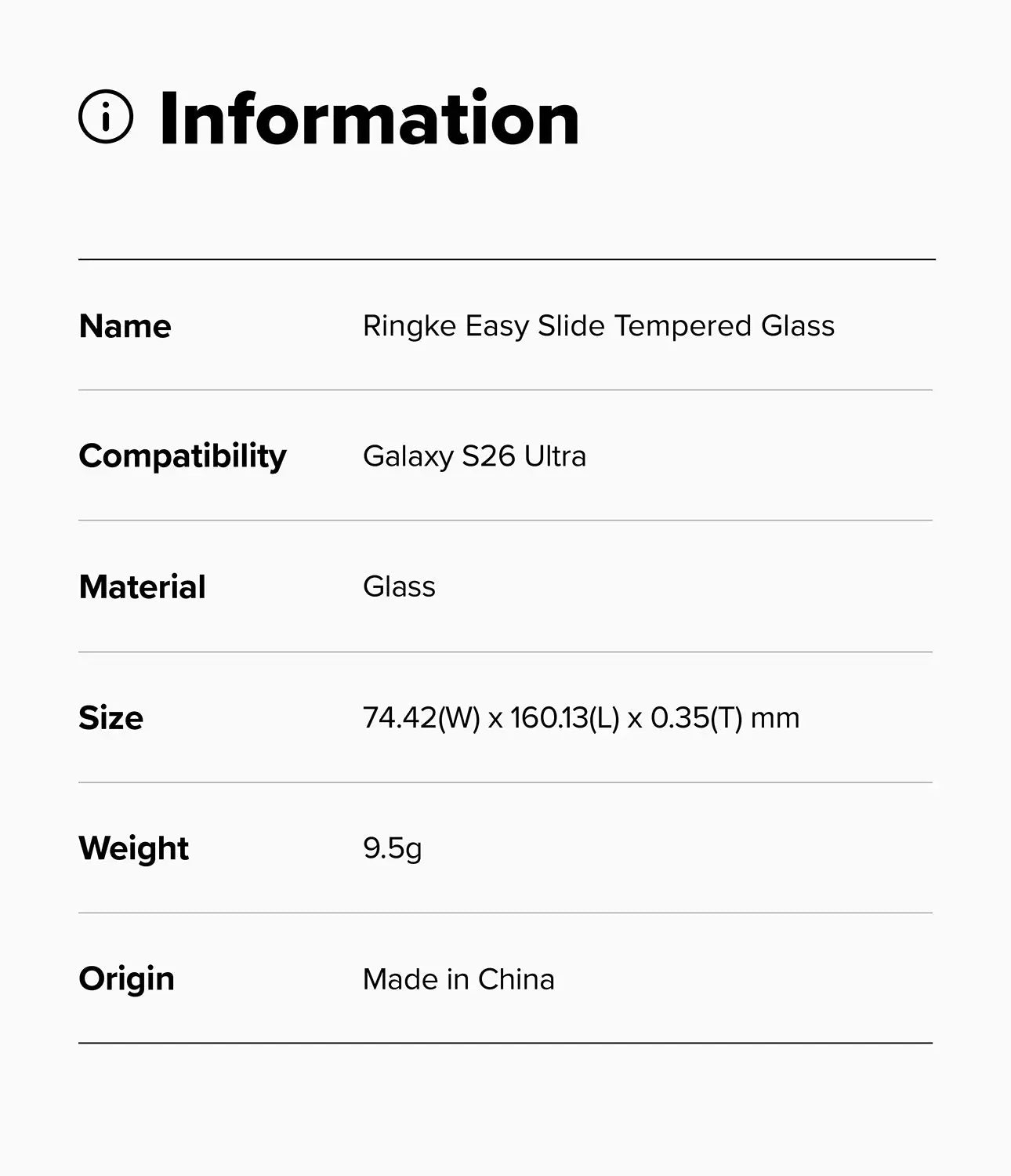 Product information card for Ringke Easy Slide Tempered Glass for Galaxy S26 Ultra