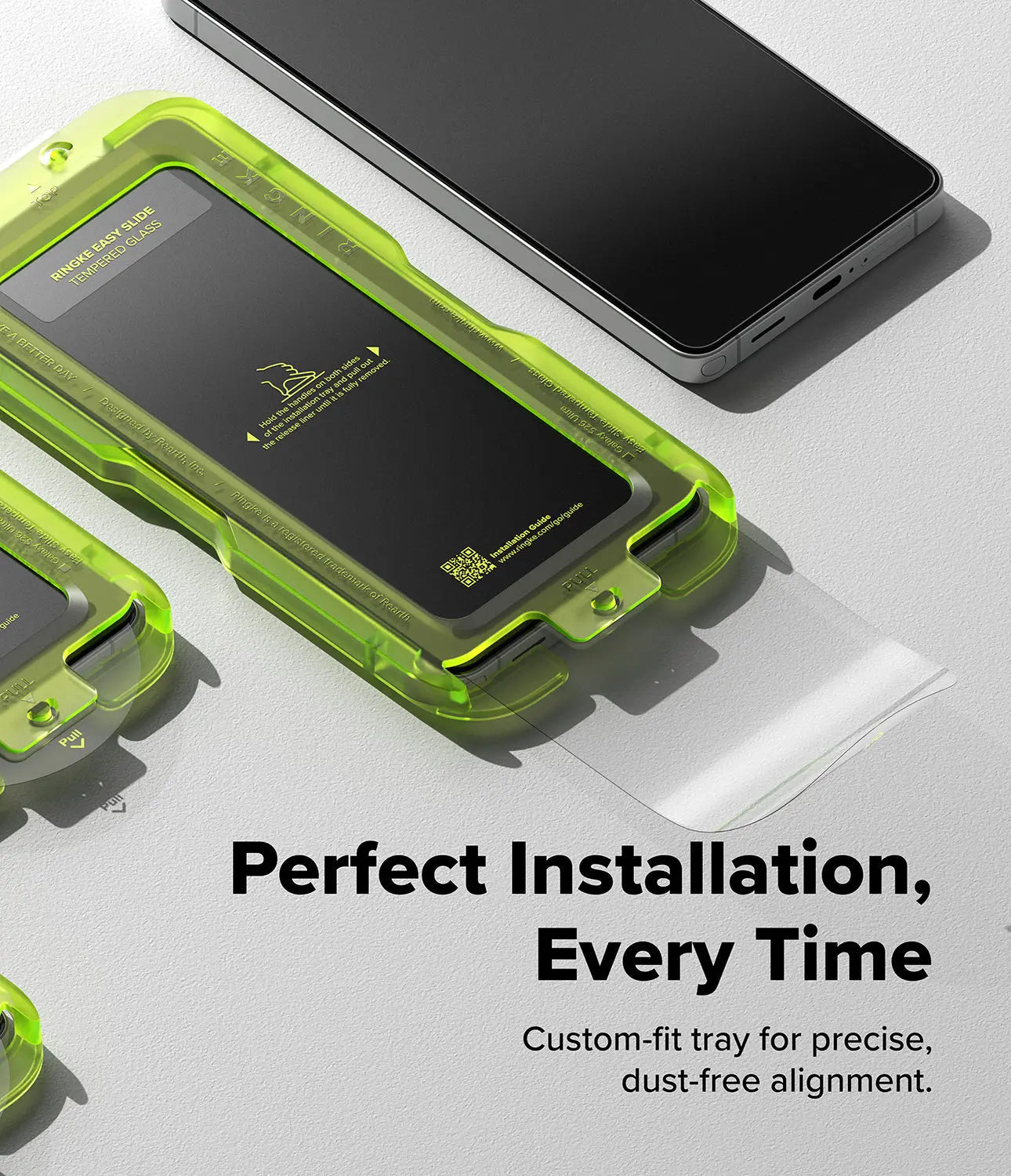 Green phone case with a smartphone on a light gray background, emphasizing perfect installation.
