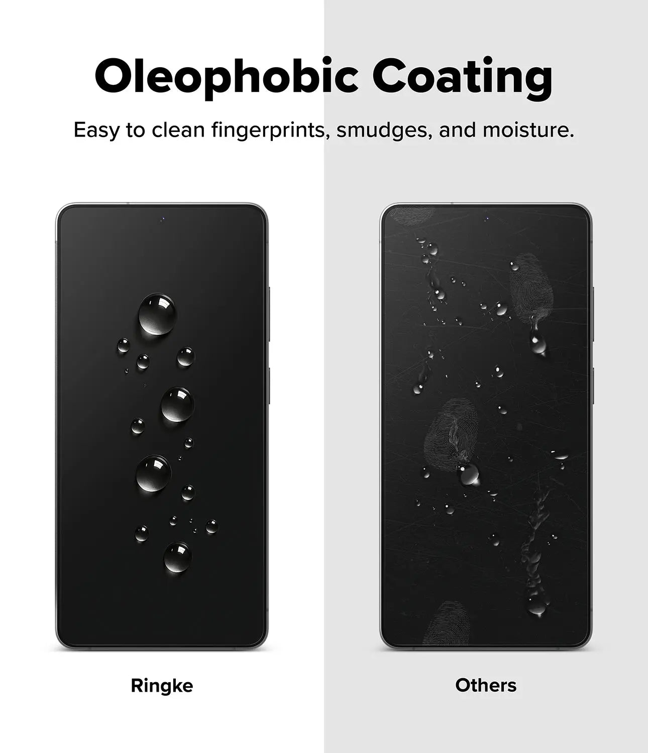 Phone case with oleophobic coating showing water droplets on Ringke case but not on 'Others' case.