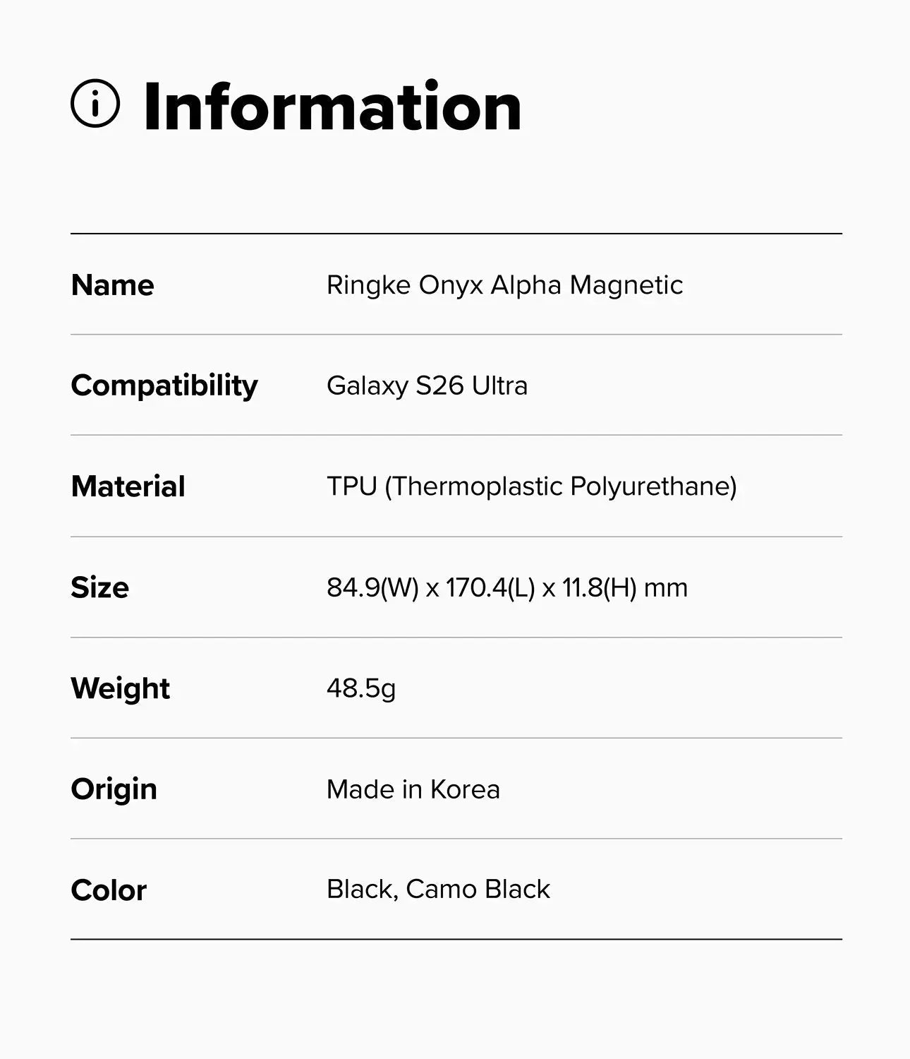 Product information card for Ringke Onyx Alpha Magnetic case with specifications.