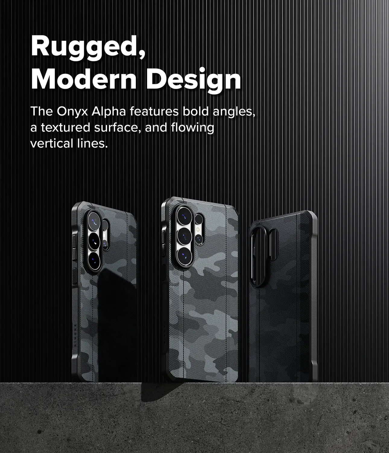 Three Onyx Alpha phone cases with text describing the design on a black background