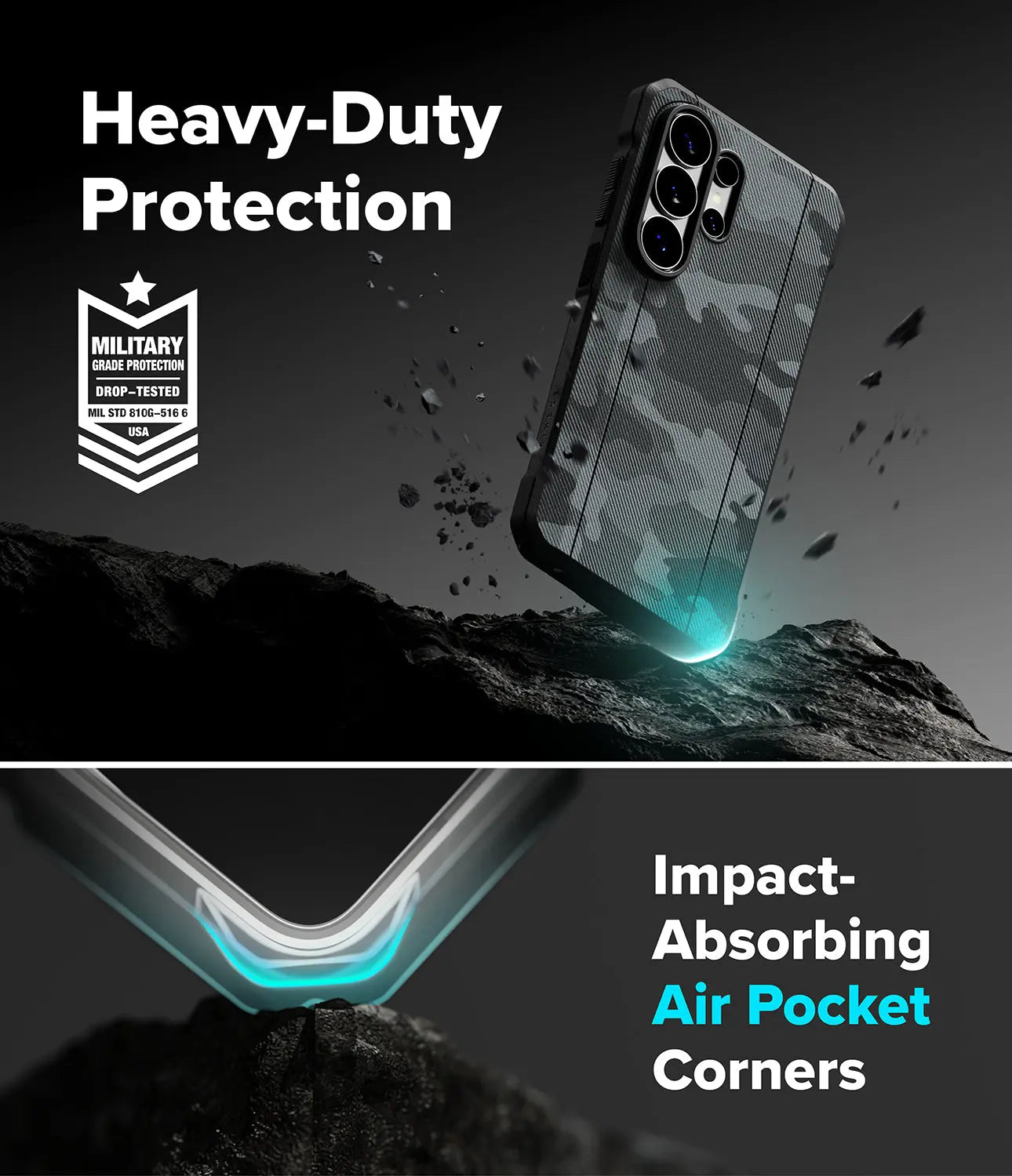 Camouflage phone case with 'Heavy-Duty Protection' and 'Impact-Absorbing Air Pocket Corners' text on a dark background.
