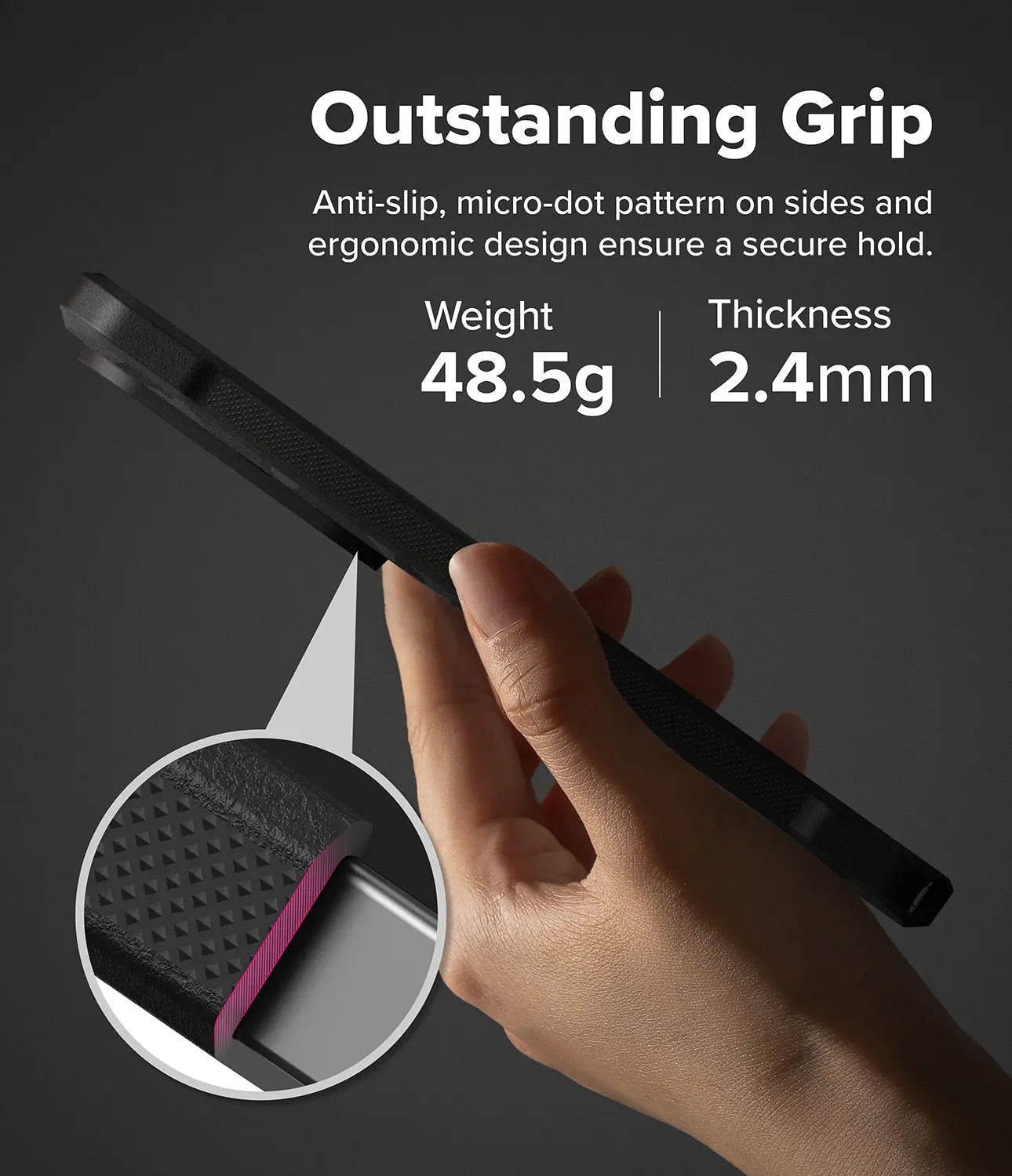 Hand holding a black phone case with text about grip, weight, and thickness on a dark background