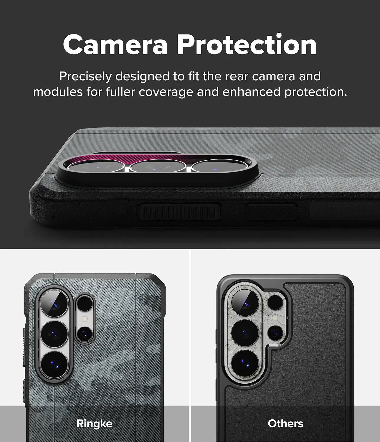 Phone case with camera protection feature, showing Ringke branding.