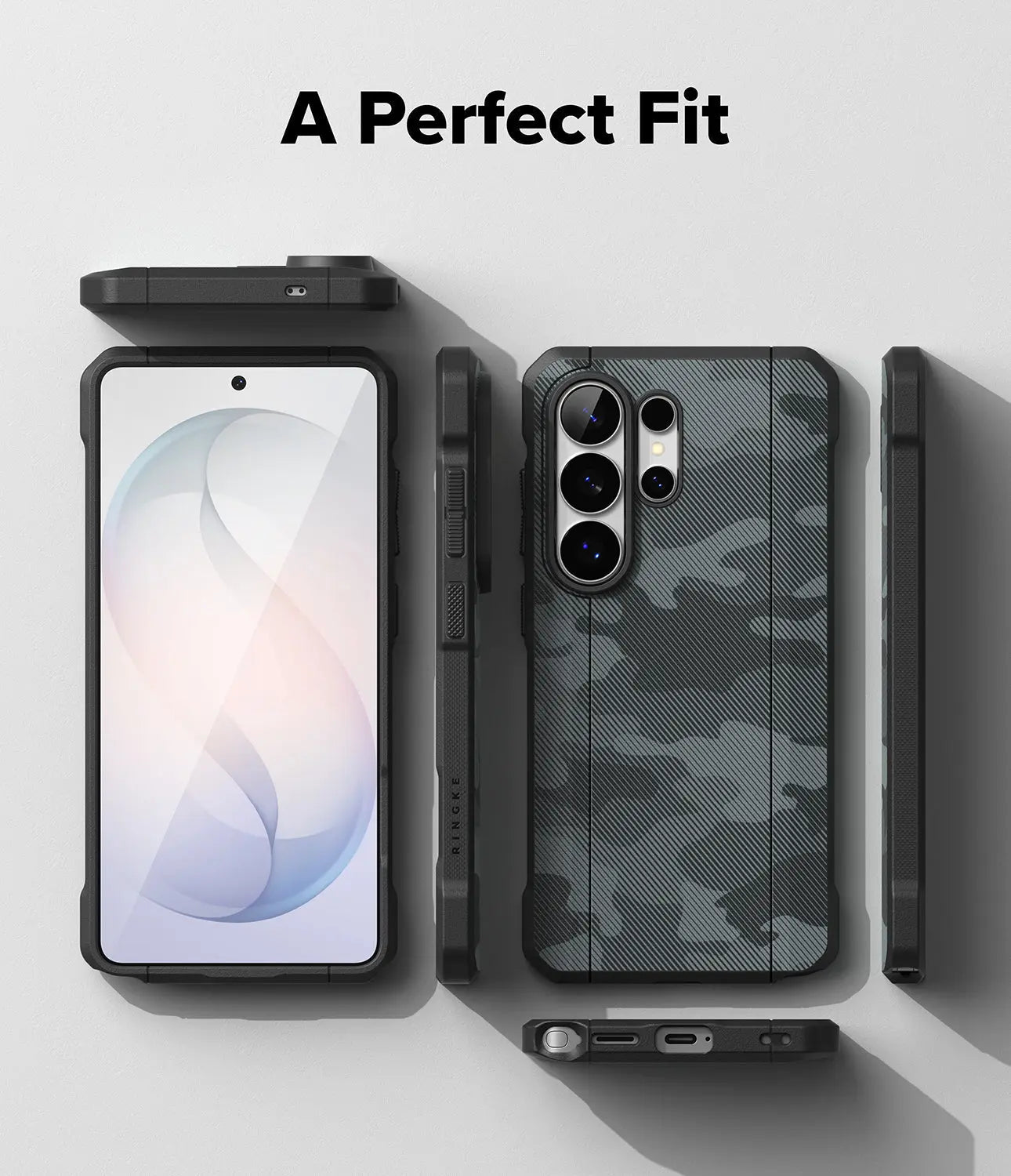 Phone case with camouflage design and smartphone inside on a light gray background